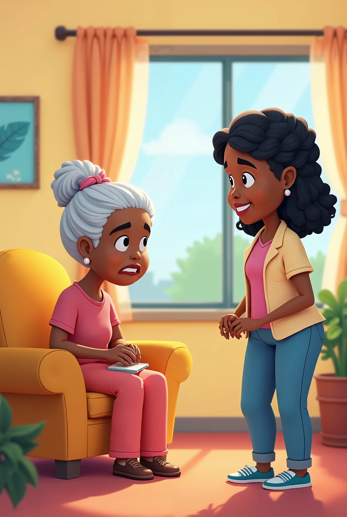 A cartoon dark-skinned girl with straight hair and her white-skinned grandmother motivating her to do something