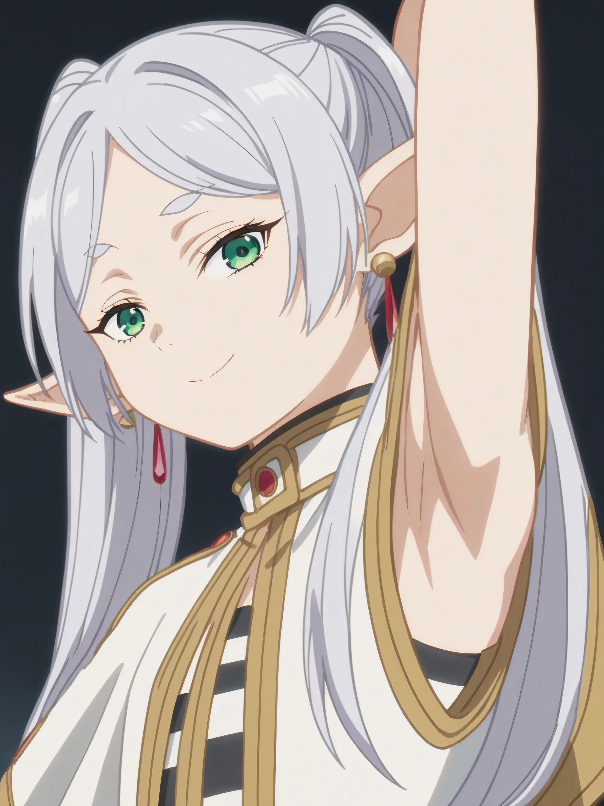 score_9, score_8_up, score_7_up, source_anime, anime screencap, 1girl, solo, frieren, long hair, twintails, green eyes, grey hair, pointy ears, elf, small breasts, anime screencap, shirt, jewelry, earrings, striped, capelet, striped shirt, earrings, white capelet, badhandv4, arm behind head, armpit, black background, closed mouth, looking at viewer, smile, sleeveless, bare hands, flat chest, from below