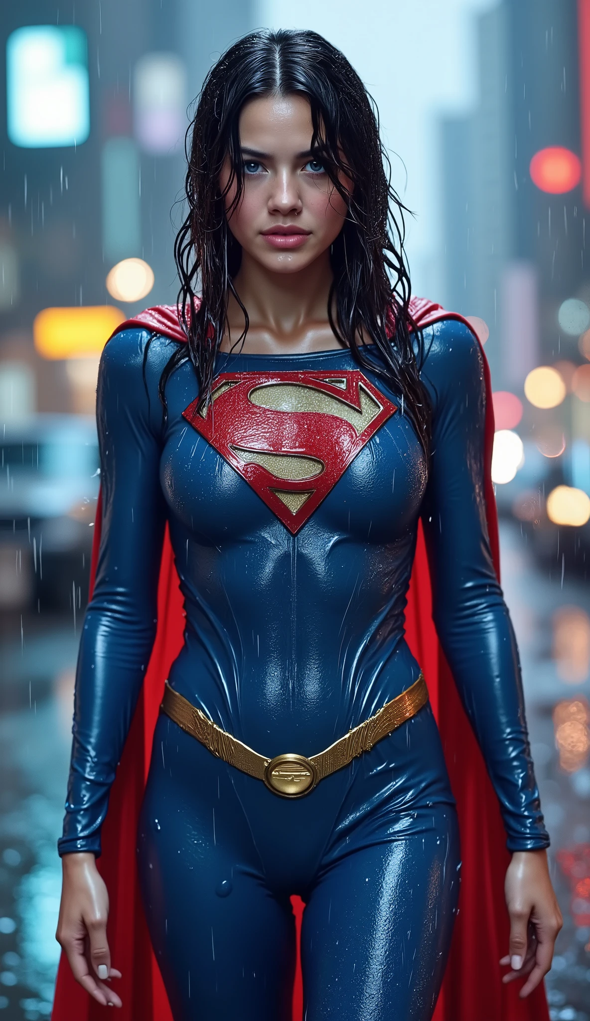 A JAPANESE BLUE EYED, A VERY MATURE YOUNG CUTE, PETITE KOREAN GIRL WEARING A BLUE SUPERMAN SUIT AND RED CAPE. SOAKING WET FROM THE RAIN OUTSIDE WALKING. COMPLETELY SOAKED AND WET.4K, 8K. HAIR, CLOTHES AND CAPE DRENCHED IN RAIN. 4K RAIN, 4K WATER BEADS, 4K HIGH RESOLUTION, SHARP CRYSTAL CLEAR IMAGE, PROUDLY WEARING THE 'S" EMBLEM.