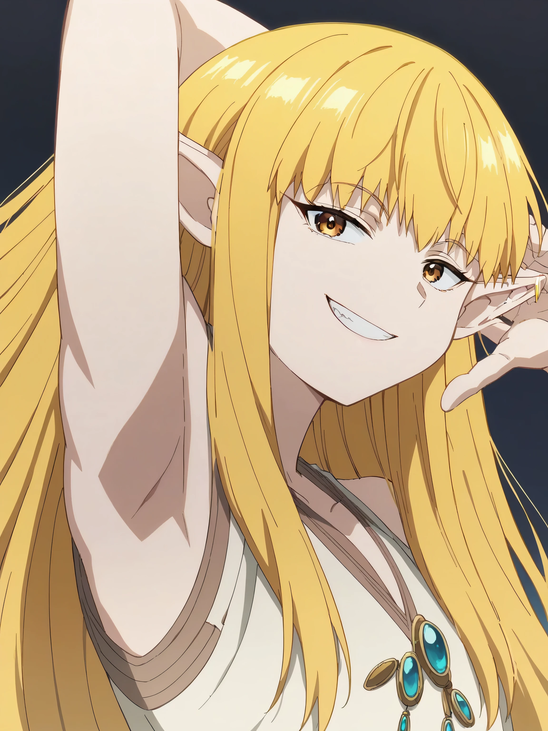 score_9, score_8_up, score_7_up, source_anime, anime screencap, 1girl, solo, serie, long hair, bangs, blonde hair, brown eyes, pointy ears, elf, jewelry, robe, badhandv4, arm behind head, armpit, black background, looking at viewer, smile, grin, teeth, sleeveless, bare hands, from below, bare arms