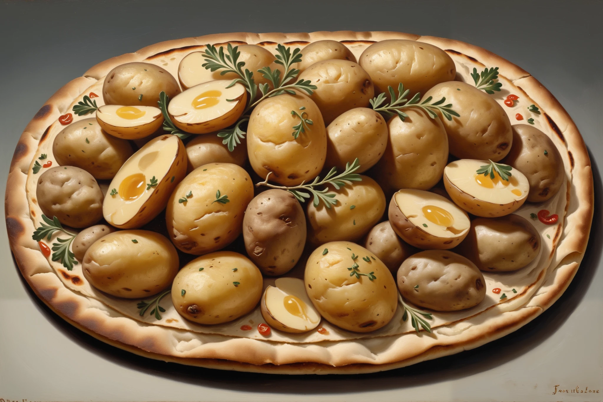 I can see a little magic , Medieval material style, Painting-style , hyperrealism, 1700s, indoor, more details,France,Only roasted potatoes are placed on top of flat bread