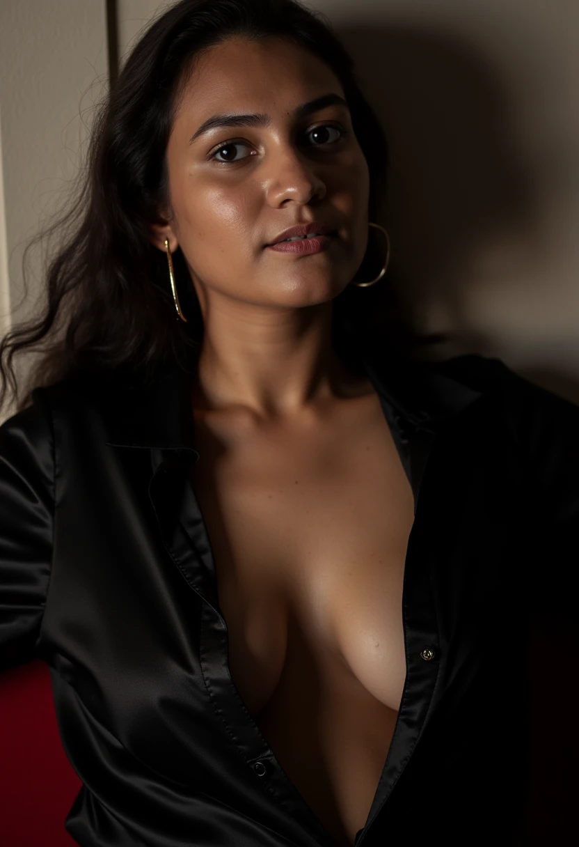 RAW photo,dark,moody,hazy atmosphere,35mm focal lenght,underexposed,cold,candid photograph,artistic,photograph of a beautiful,influencer,30yo Kurdish woman,detailed skin,fully naked,looking at viewer, candid pose,dim room,blue light, film grain, kodak color, instagram LUT