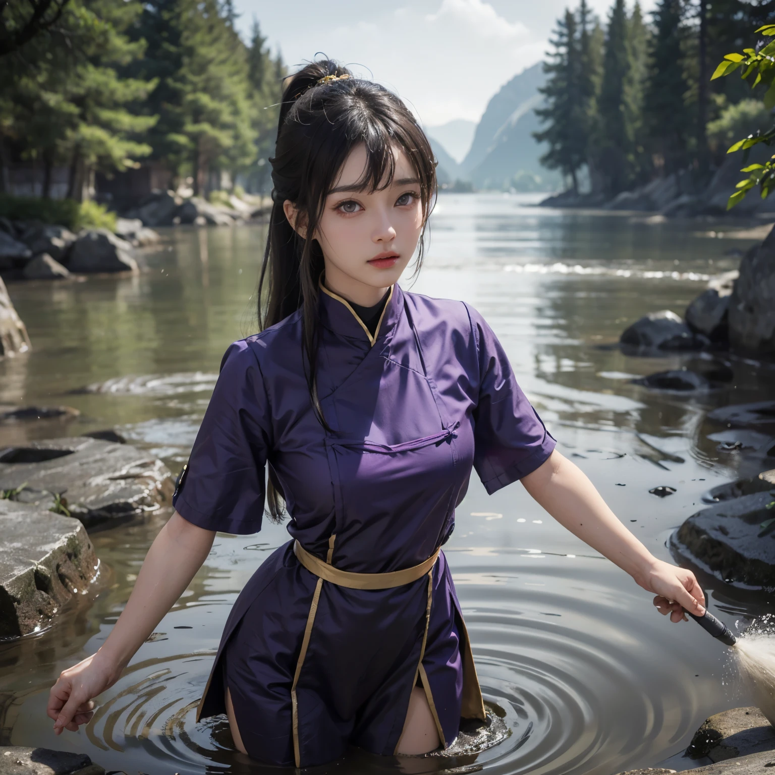 ((masterpiece)), ((best quality)), ((ultra-detailed)),((hyperrealistic)),shiny skin, 1girl ,alone,(((swept bangs))),hair intakes ,((black hair)),long hair,straight hair,ponytail,(sidelocks,sideburns),((dark purple eyes)),medium breasts,,,dynamic angle,,((priest,Monk,ドラクエのMonk))、( magic wand on water), group of demons、forest、 Sacred Light