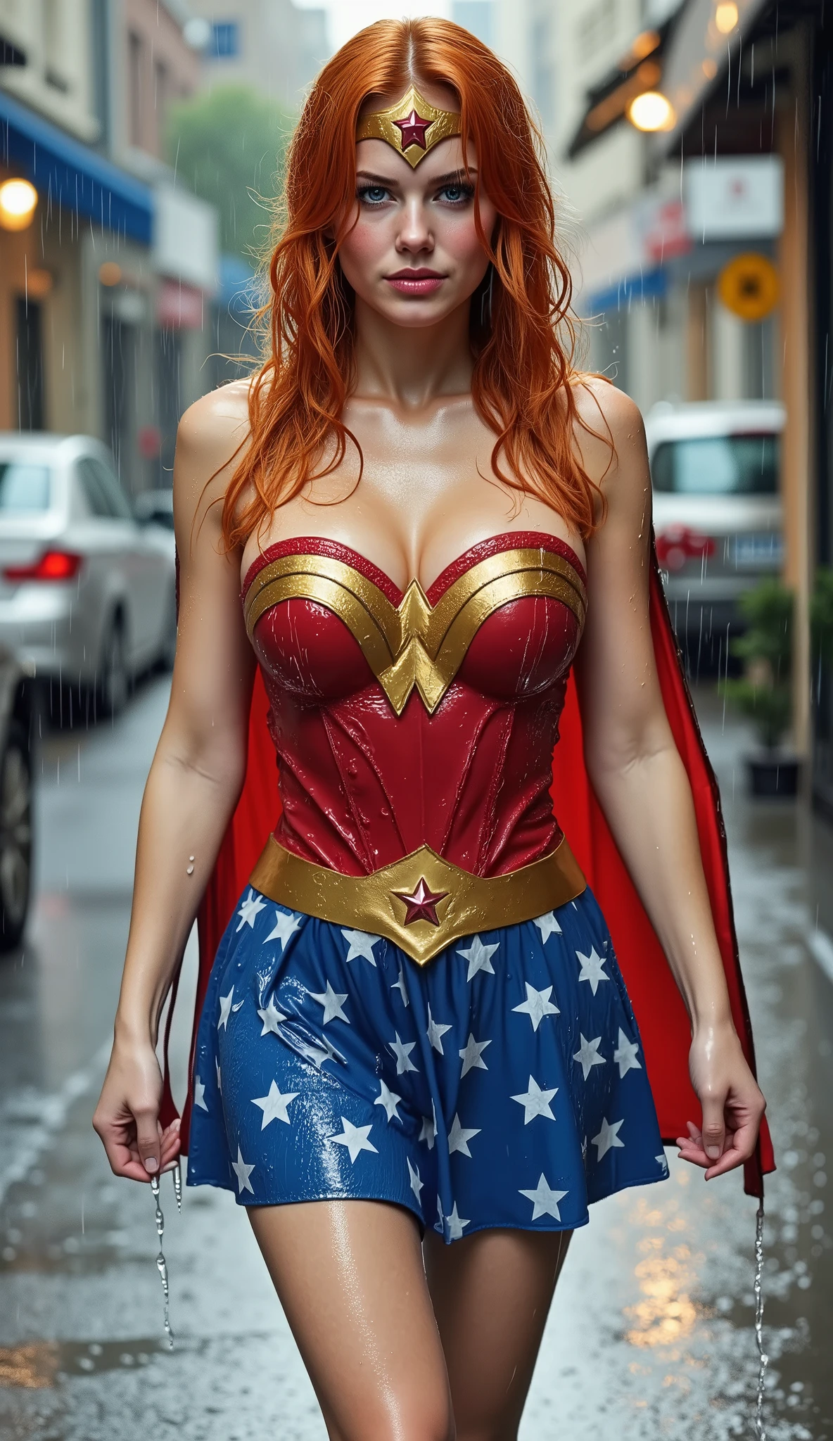 A BLUE EYED, A YOUNG CUTE, PETITE IRISH GINGER GIRL WEARING A 1960 PATRIOTIC WONDER WOMAN COSTUME, BLUE PATRIOTIC WONDER WOMAN SKIRT AND A TRI COLOR PATRIOTIC WONDER WOMAN CAPE. SOAKING WET FROM THE RAIN OUTSIDE WALKING. COMPLETELY SOAKED AND WET.4K, 8K. HAIR, CLOTHES AND CAPE DRENCHED IN RAIN. 4K RAIN, 4K WATER BEADS, 4K HIGH RESOLUTION, SHARP CRYSTAL CLEAR IMAGE, PROUDLY WEARING THE 'S" EMBLEM.