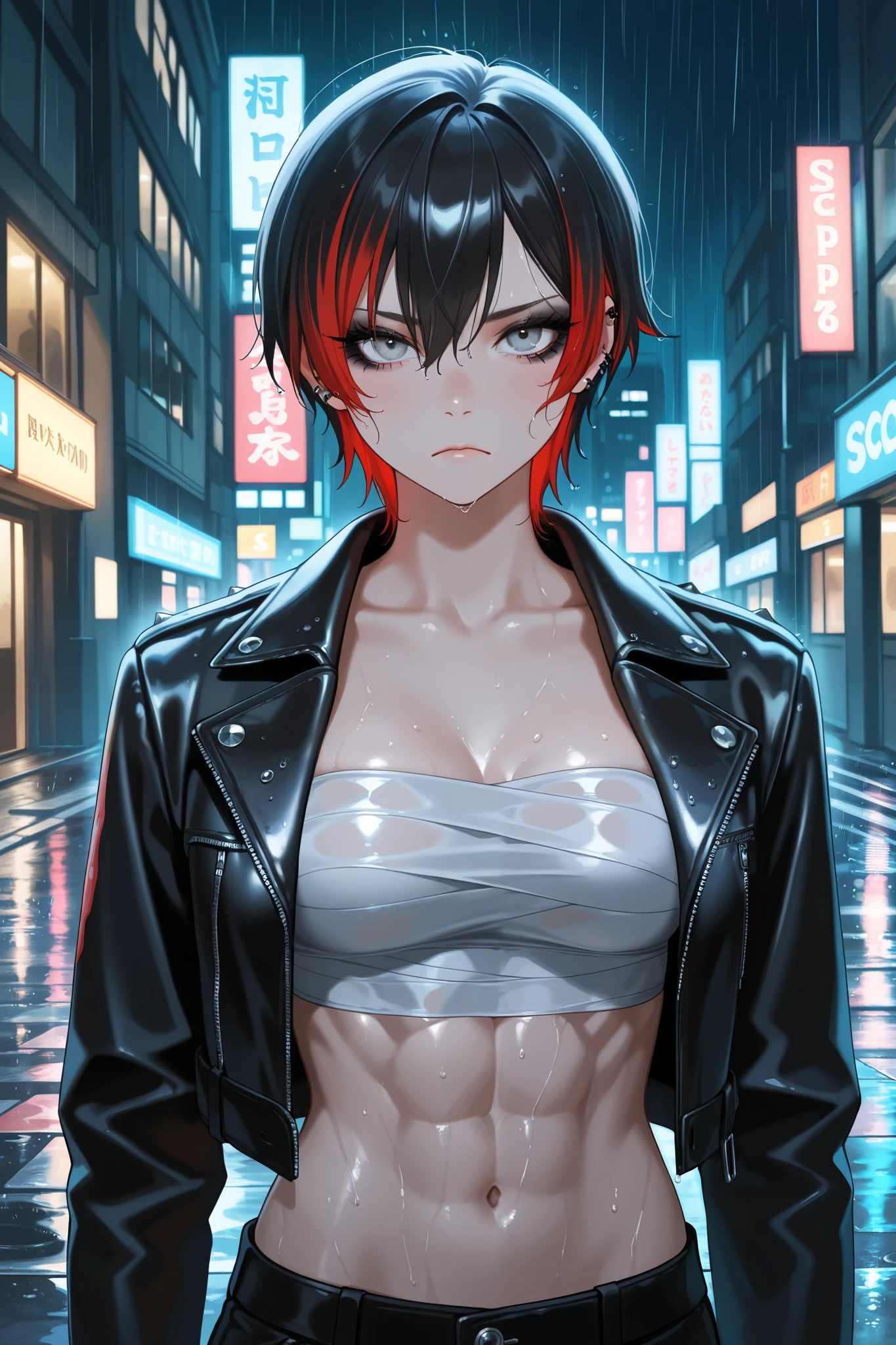 anthro, protogen, A highly detailed portrait of a solo 1girl standing on a street corner, during a rainstorm with lightning strikes and a cloudy sky, neon and cyberpunk background, she is wearing punk clothes with silver chains and silver spikes, she has a butterfly wing hairclip in her wild hair, she has headphones and a necktie on, petite, detailed glowing red eyes with distinct pupils, ominous aura Halo, smile, punk, cyberpunk, backlighting, chromatic aberration, depth of field, soft lighting, masterpiece, best quality, intricate, tone mapped, highly detailed, concept art, smooth, sharp focus, dramatic lighting, highly detailed artwork, 8K, 8k wallpaper, incredible shadows, (highly detailed background:1.0)
