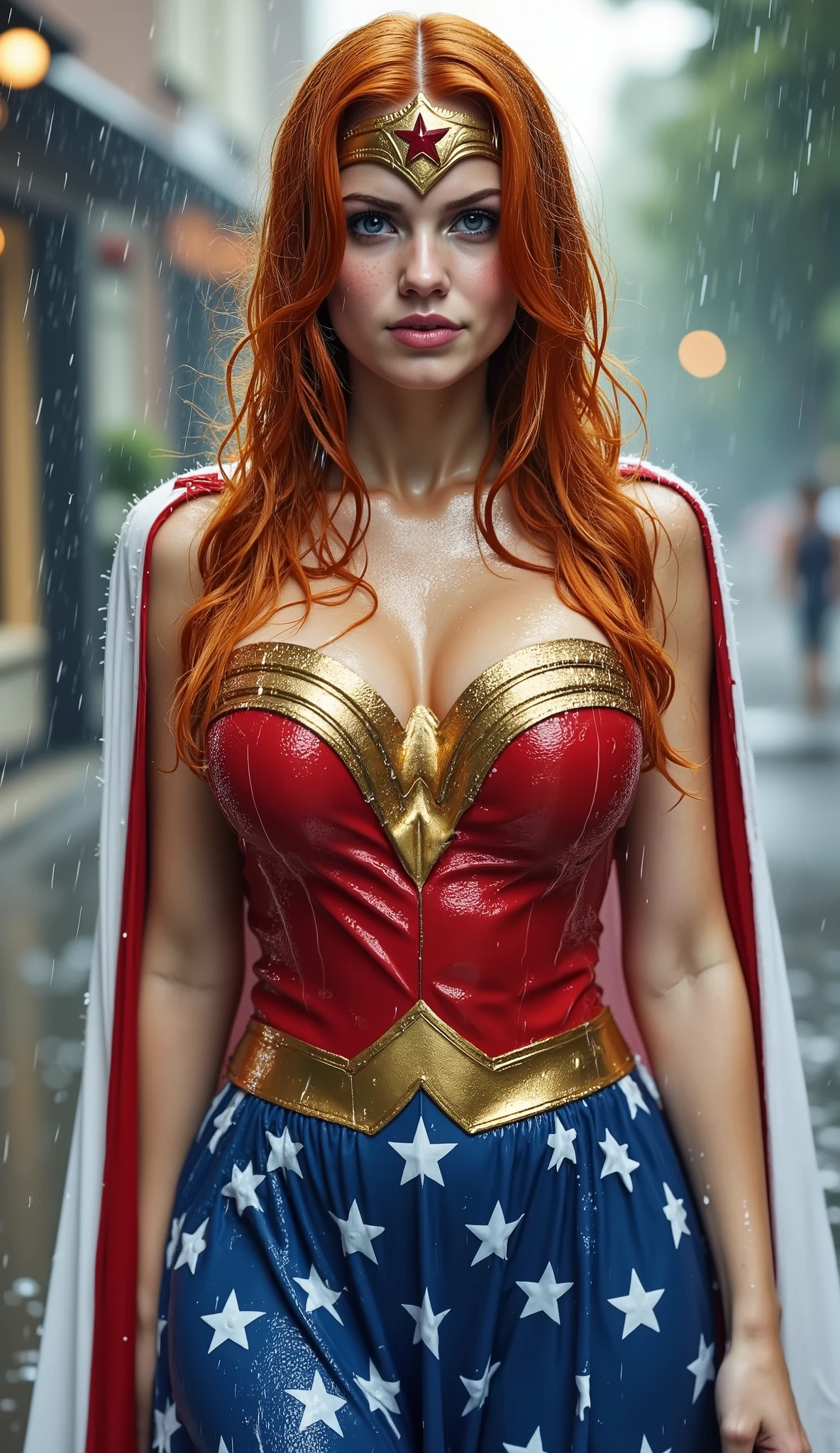A BLUE EYED, A YOUNG CUTE, PETITE IRISH GINGER GIRL WEARING A 1960 PATRIOTIC WONDER WOMAN COSTUME, BLUE PATRIOTIC WONDER WOMAN SKIRT AND A TRI COLOR PATRIOTIC WONDER WOMAN CAPE. SOAKING WET FROM THE RAIN OUTSIDE WALKING. COMPLETELY SOAKED AND WET.4K, 8K. HAIR, CLOTHES AND CAPE DRENCHED IN RAIN. 4K RAIN, 4K WATER BEADS, 4K HIGH RESOLUTION, SHARP CRYSTAL CLEAR IMAGE, PROUDLY WEARING THE 'S" EMBLEM.