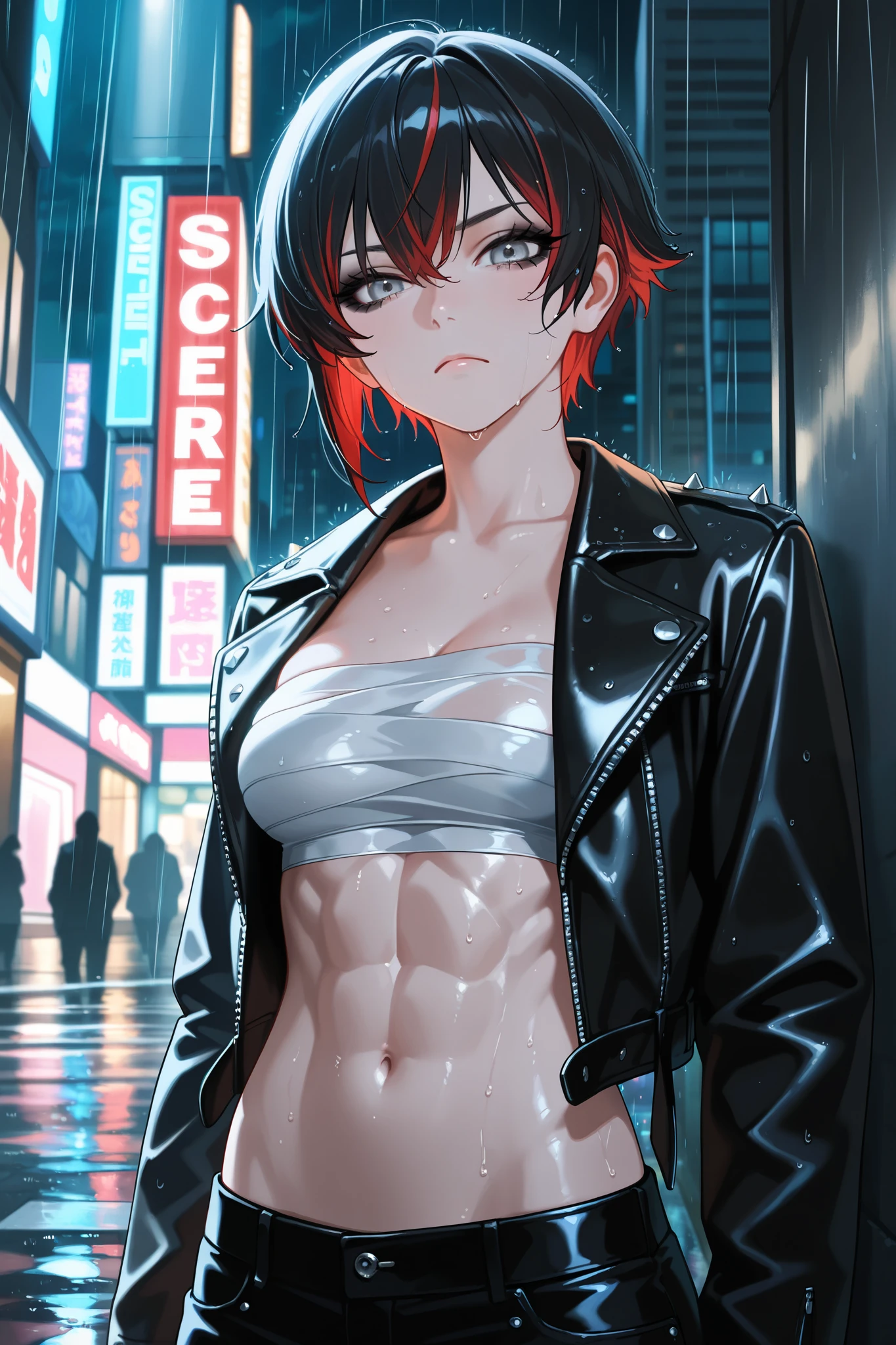 masterpiece, best quality, amazing quality, very aesthetic, newest, hyper-detailed, realistic, solo, 1girl, tomboy, punk, two-tone hair, short hair, black hair, red hair, grey eyes, black eyeshadow, thick eyelashes, frown, medium breasts, chest sarashi, leather jacket, open jacket, navel, wet, abs, looking at viewer, raining, street background, night, depth of field, highres