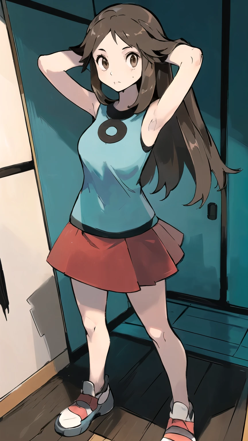 ((masterpiece,best quality)), { Sugimori_Ken_artstyle_LoRA(1.2( : Manga_Style } {horror_edit}  {horror_edit : creepy_room_aura} } {  :(pkmnleaf, 1girl, solo, brown eyes, brown hair, long hair, sidelocks , perfectly_shape_breast : perfectly_slender_body   } { , aqua shirt, sleeveless, red skirt, miniskirt, pleated skirt, black wristband,} {standing : obedient : armpits : hands_behind_head} { no_emotion : hypnotic_eyes : hypnotized_eyes : lazy_eyes} { sweating  } { :  room : creepy : messy}