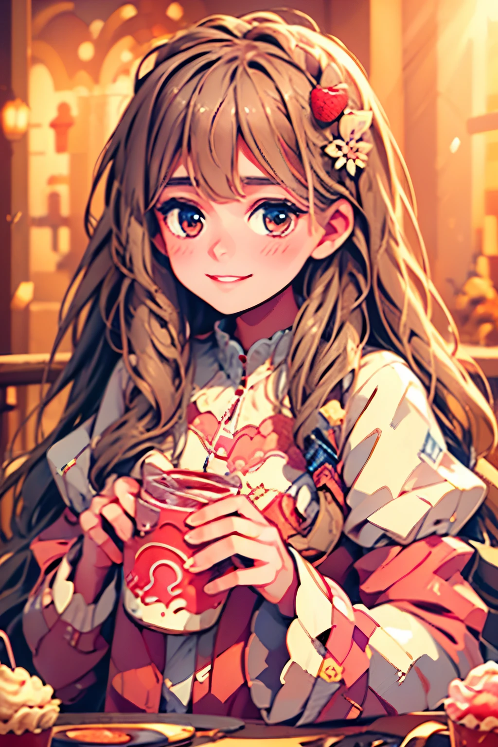 smiling girls with long hair, beautiful detailed eyes, beautiful detailed lips, extremely detailed face, long eyelashes, holding a cup of strawberry gelato, detailed ice cream texture, realistic, photorealistic, high quality, 8k, masterpiece, intricate details, soft lighting, pastel colors, dreamy atmosphere