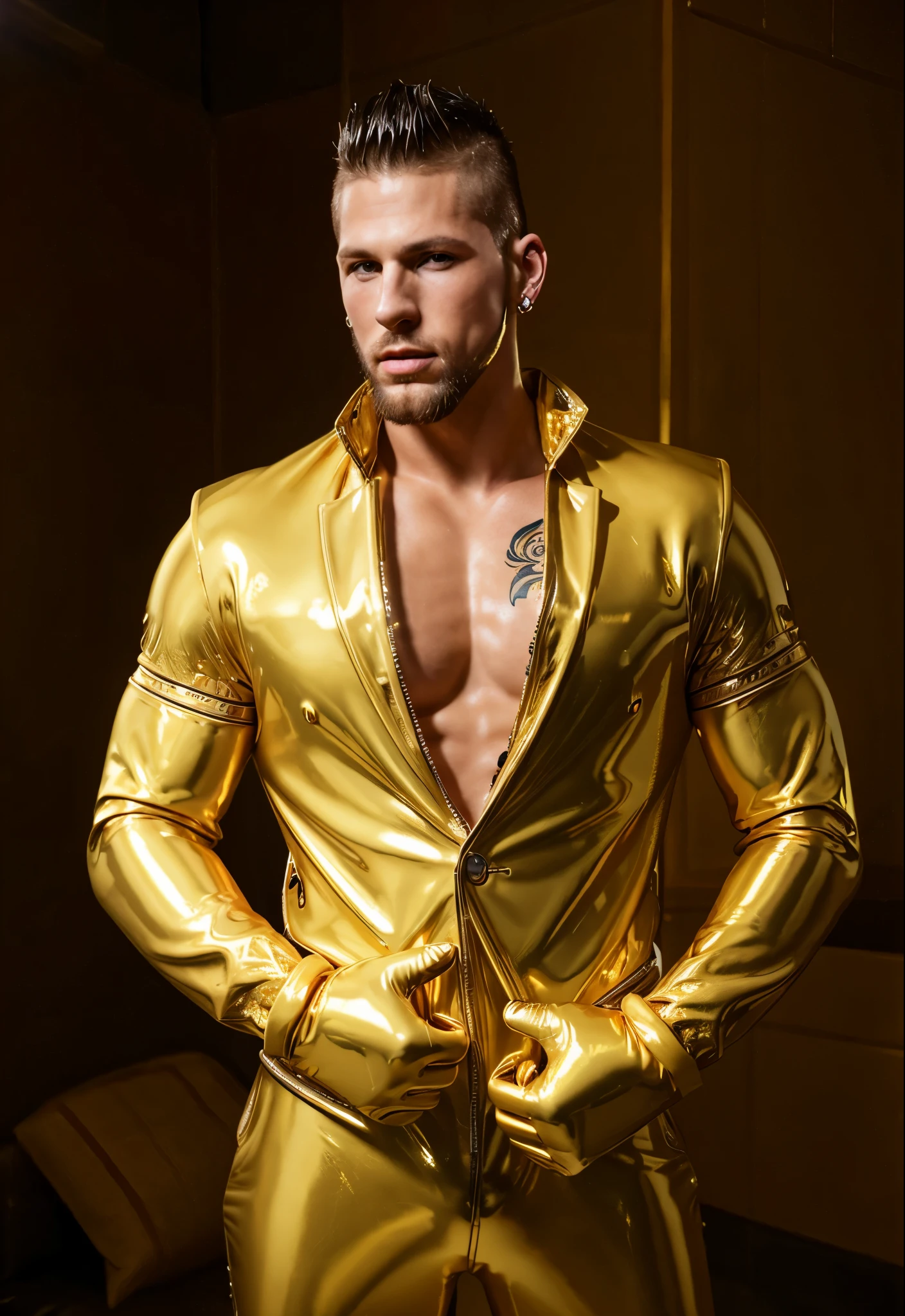 realistic photo of a muscular and masculine man, 25 years old, full body, formal gold metalic tigth pants, bubble butt, backside, facing the camera.