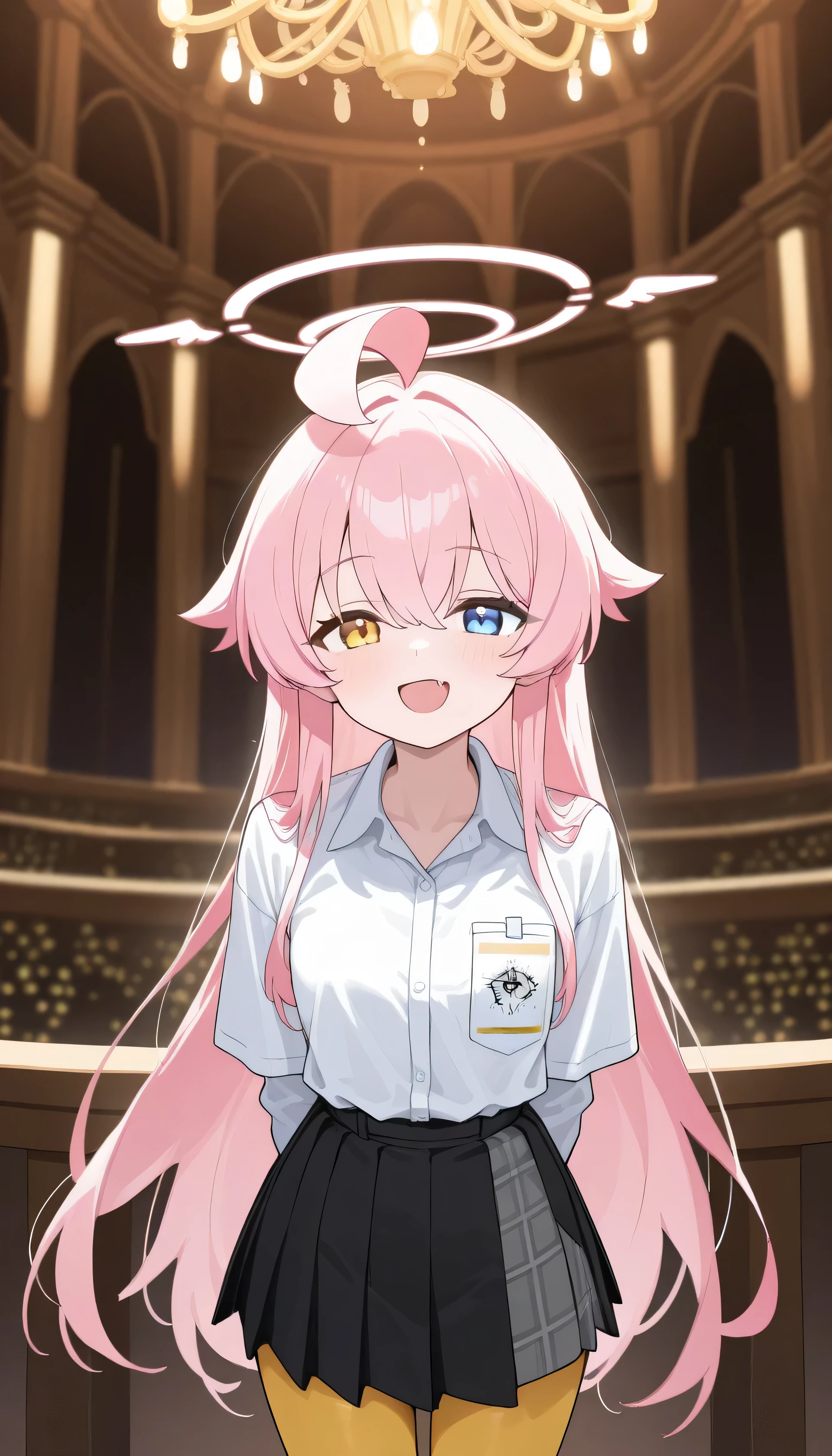 ( masterpiece,  Best Quality,  high quality ,  high resolution, Super Fine), 1 Girl, Hoshino,  pink hair,  alone, Heterochromia,  long hair,  Blue Eyes, direction,  Ahog,  yellow pantyhose ,  watched the audience  ,  hair between eyebrows, Smile,  upper body,  open mouth , Pink halo , architecture， white shirt ，Short skirt, 100% discount skirt， simple background