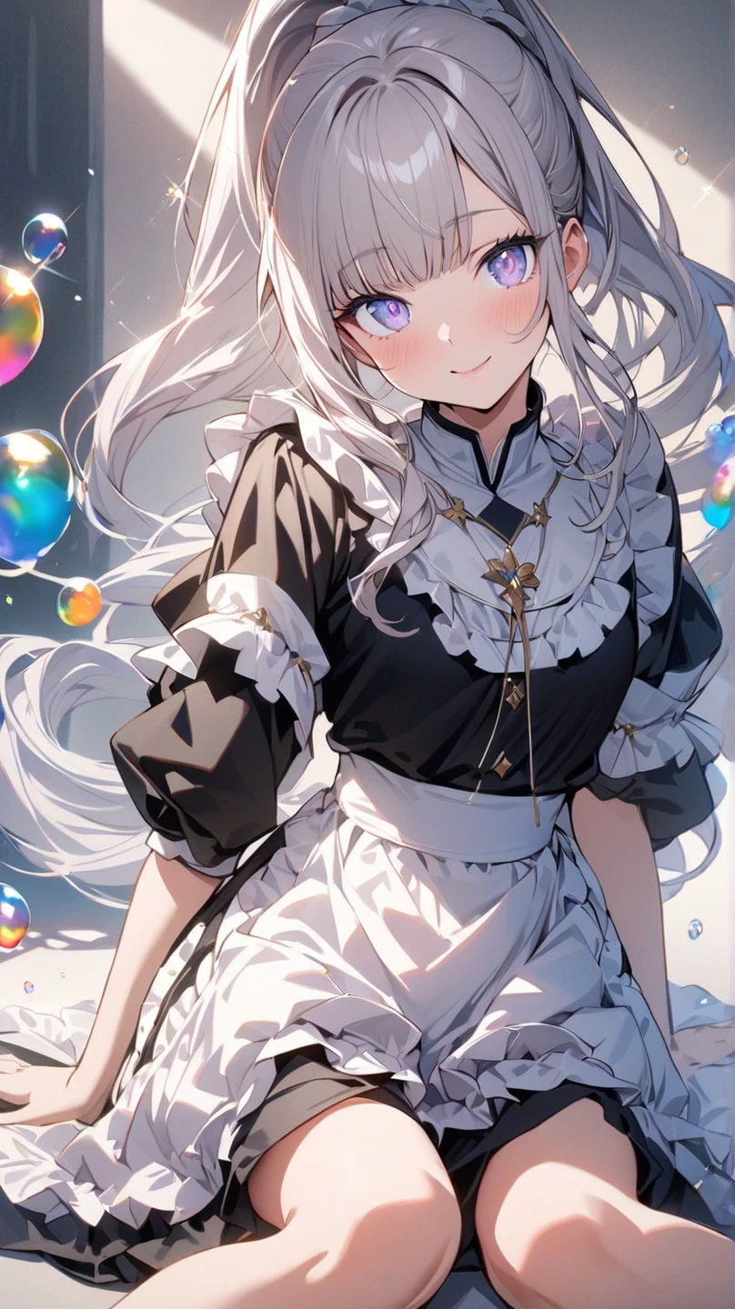 ，white hair，High double ponytail，maid outfit，Showing chest，Large Breasts，home