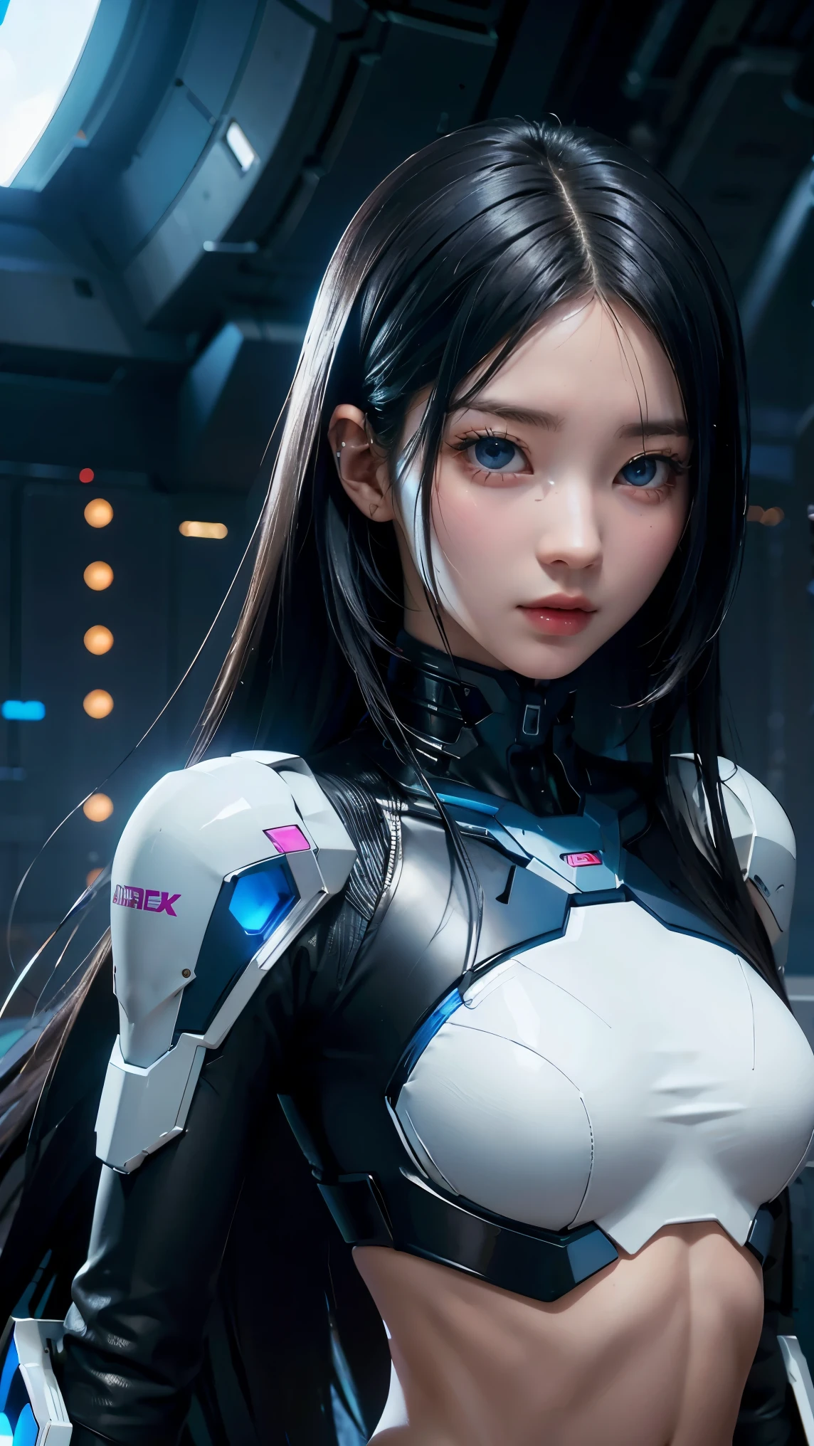 8K, Top Quality, Intricate Details, Ultra Detail, Ultra High Resolution, Masterpiece, , Slender, not Smile, (Makeup: 0.4), (Fluffy Blue Eyes: 1.21), blue Eyes,, ((full body)), 1girl, solo, 1 girl, (( full body)), close-up shot, standing, ((tall)), (((fit body))), (((slim face))), sharp face, sharp eyes, ((( black hair, long hair ))), (detailed face), sharp face, small lips, thin lips, holding gun, Holding a gunblade (( cyberpunk female, woman in a futuristic suit )), detailed face, detailed breast, large breast, detail, , Beautiful girl with accentuated slender abs: 1.4, Six Pack Abs: 1.4, Bust Botox, Big, Perfect Body, detail leg, ), cyberpunk background.