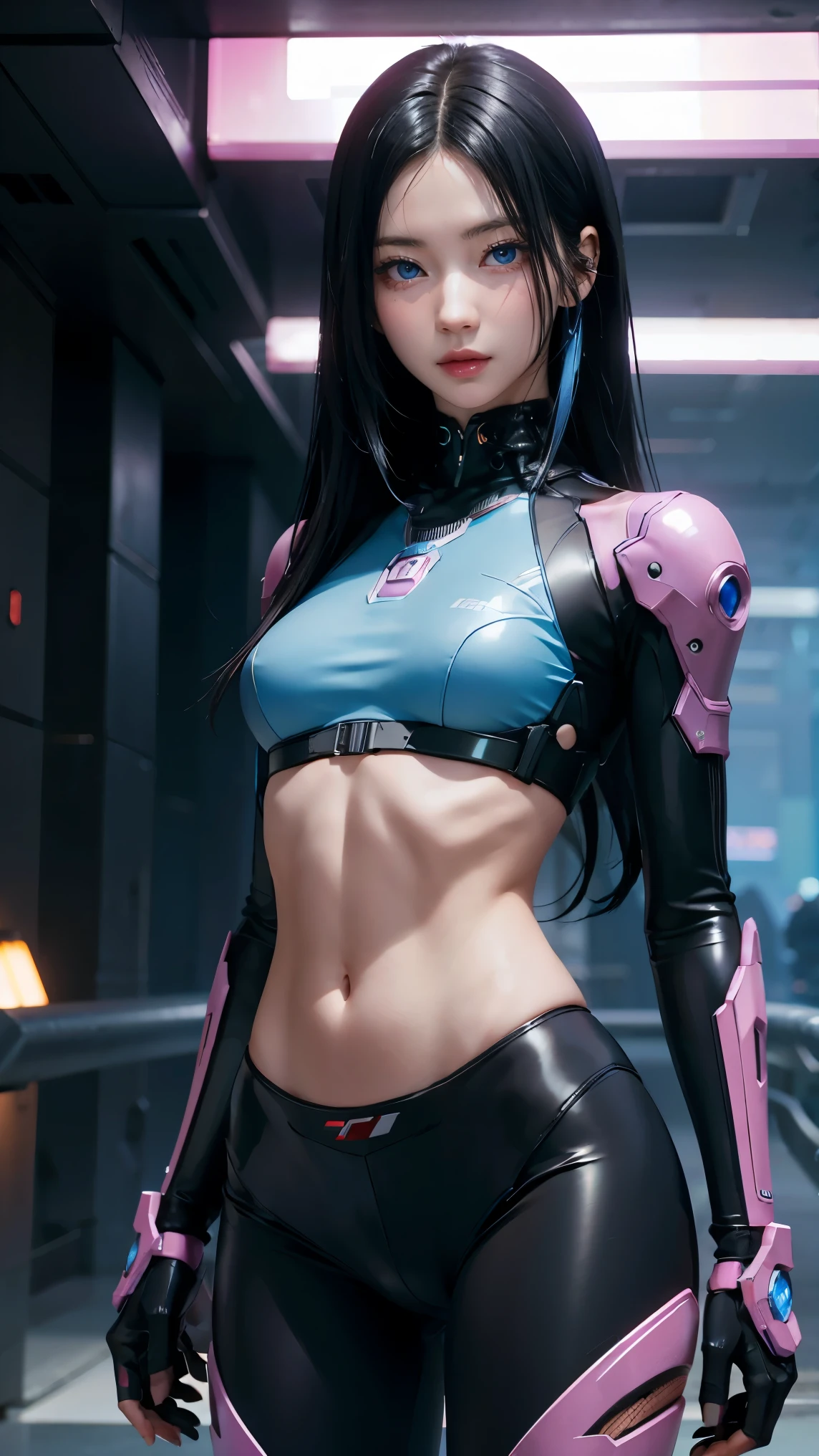 8K, Top Quality, Intricate Details, Ultra Detail, Ultra High Resolution, Masterpiece, , Slender, not Smile, (Makeup: 0.4), (Fluffy Blue Eyes: 1.21), blue Eyes,, ((full body)), 1girl, solo, 1 girl, (( full body)), close-up shot, standing, ((tall)), (((fit body))), (((slim face))), sharp face, sharp eyes, ((( black hair, long hair ))), (detailed face), sharp face, small lips, thin lips, holding gun, Holding a gunblade (( cyberpunk female, woman in a futuristic suit )), detailed face, detailed breast, large breast, detail, , Beautiful girl with accentuated slender abs: 1.4, Six Pack Abs: 1.4, Bust Botox, Big, Perfect Body, detail leg, ), cyberpunk background.