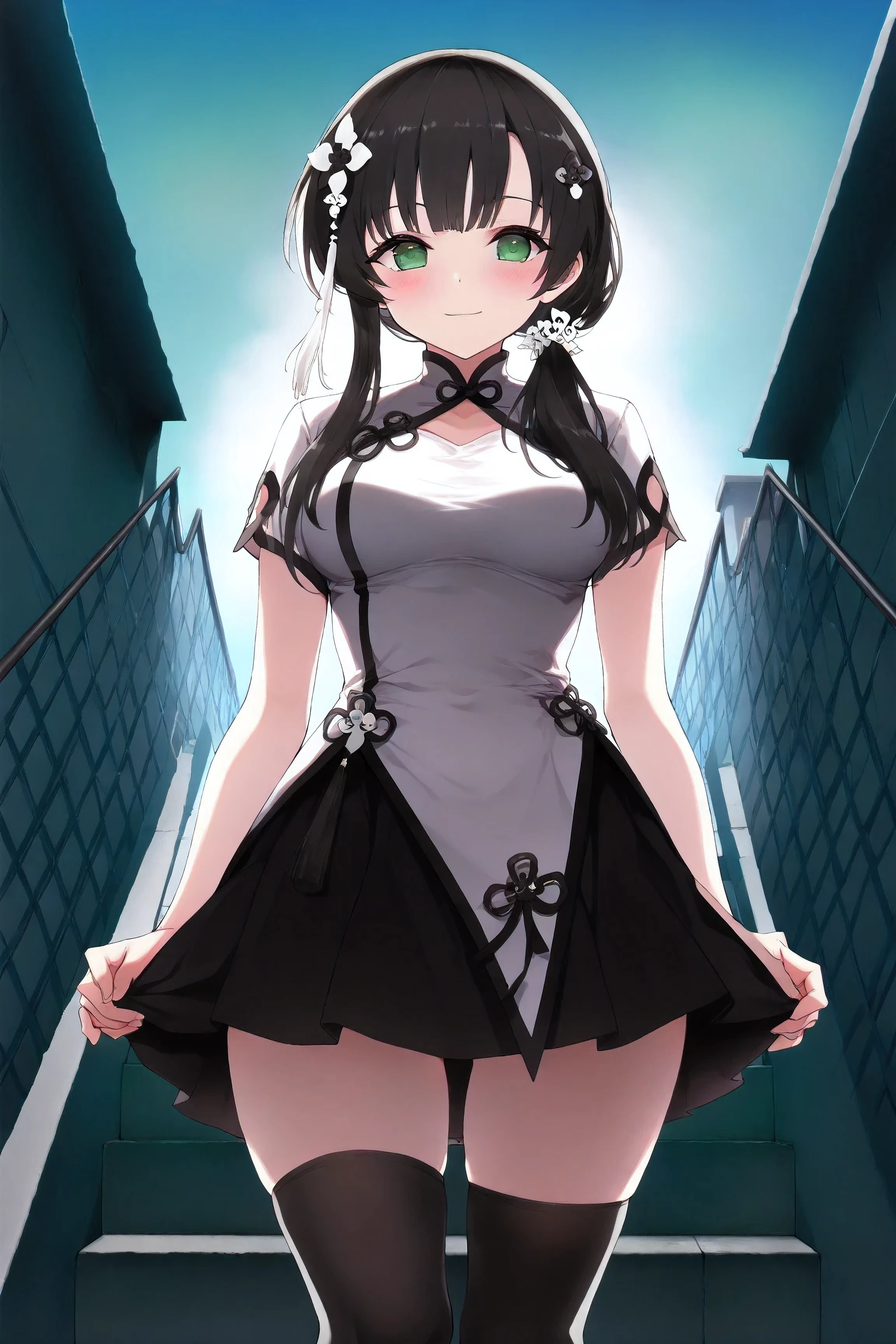 (ultra-detailed, master piece, best quality, high resolution, perfect face, perfect and correct human anatomy), 1girl, wang yujia, black hair, hair flower, green eyes, black skirt, light smile, black knee high socks, standing,
