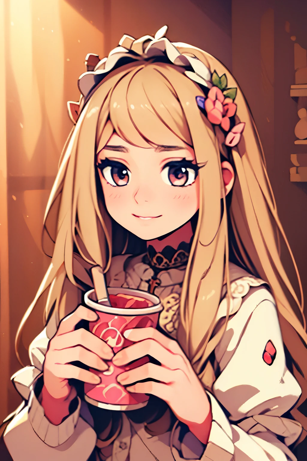 smiling girls with long hair, beautiful detailed eyes, beautiful detailed lips, extremely detailed face, long eyelashes, holding a cup of strawberry gelato, detailed ice cream texture, realistic, photorealistic, high quality, 8k, masterpiece, intricate details, soft lighting, pastel colors, dreamy atmosphere