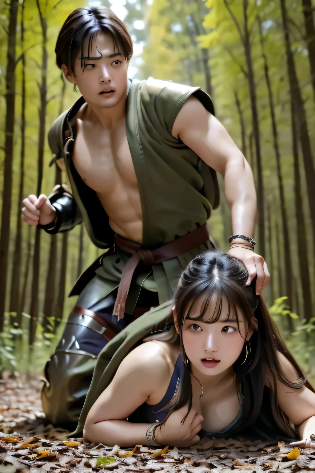 ( masterpiece 、 top quality 、 super high resolution )、( is finished、 facial beauty、 beautiful eyes )、 in the woods、Clothes get torn、armor、 CIRCLET 、 bracelet 、 on all fours、slouch, man who fights in judo gets strangled from behind、A man holds hips from behind
