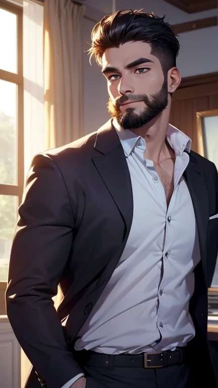 (Masterpiece, Best Quality, Highres:1.4), Detailed, Intricate Details, 4K, Ornate,
1Boy, Male, Brutal, Mature, Mature Male,
Black Hair, Black Beard,
Yellow Eyes,
Gold Trim,
(White Shirt:1.2),
Muscular, Muscular Male,