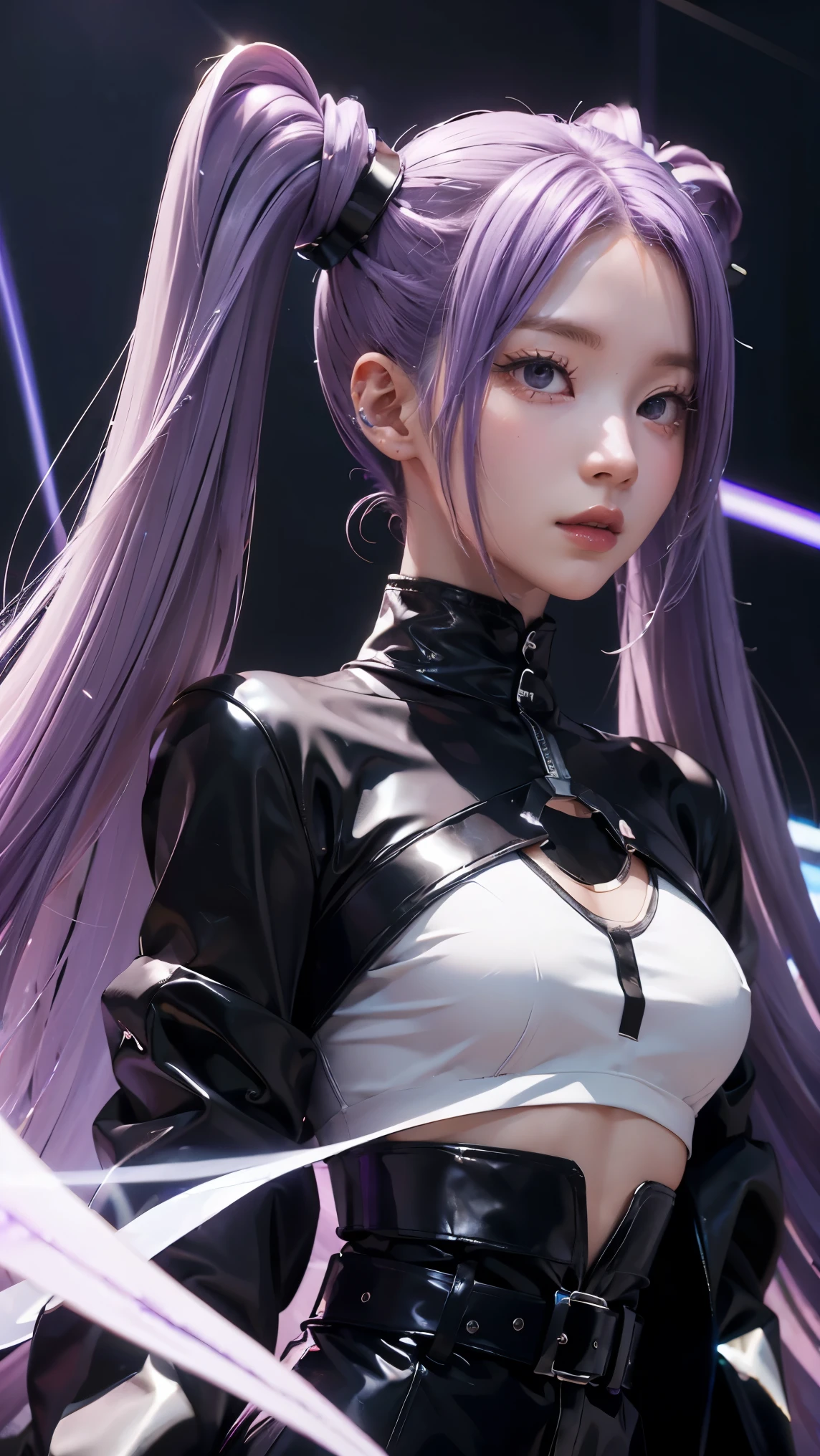 Best Quality, Ultra High Resolution, Cute, (KPOP Idol), (Long Twintail), (Light Purple Hair:1), ((Big Eyes)), Looking at you,
BREAK ((upper body:1.3)), Front View,A character with long, flowing silver hair and a slender build, wearing a black and white outfit that includes thigh-high boots and gloves. The character is in a dynamic pose surrounded by ethereal purple crystals and energy,
The character is in a dynamic pose surrounded by ethereal purple crystals and energy,A character with long, flowing purple hair, wearing a metallic top and black shorts with thigh-high boots. The outfit includes straps and belts, giving it a futuristic or fantasy style. The character is in a dynamic pose with radiant light or energy surrounding them, set against a minimalistic abstract background,