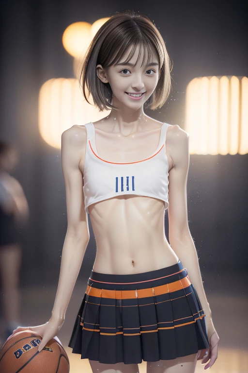 (Solo), (a detailed full-body RAW photo of a girl), (masutepiece:1.0), (Best Quality:1.4), (超A high resolution:1.2), (Photorealistic:1.4), 8K resolution, Canon EOS R5, 50 millimeters, absurderes, ultra-detailliert, (40 year old), Cinematic lighting, Detailed beautiful face, (no-makeup:1.2), (ulzzang -6500-v1.1), petite figure, Detailed skin texture, (flat chest:1.4), (skinny and fit body:1.6), Detailed brown hair, sweltering,(Very short hair:1.5), See Through wear, (gray and white thin tennis mini skirt:1.5), More transparent, low rise, realistic glistening skin, Detailed texture, Cameltoe, well-developed abs, erect nipples, wet wear, stylish porse, dark tanned skin,