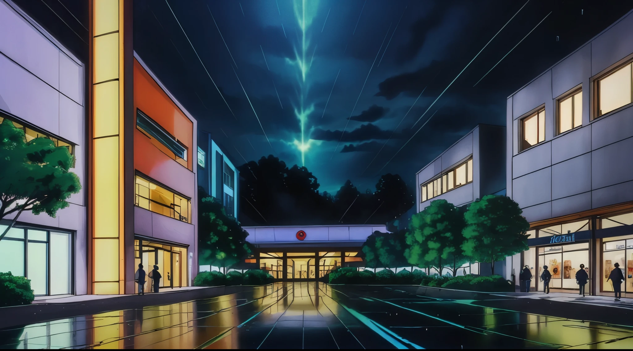 (Rain) (Raindrops) (Nightime)
(80’s Anime) (Classic) (Vintage) (Retro)

1980’s Japanese City of several buildings built in a modern contemperary architecture. 

There is a very large Shopping Mall and Center

(View from the entrance of the Shopping Mall)