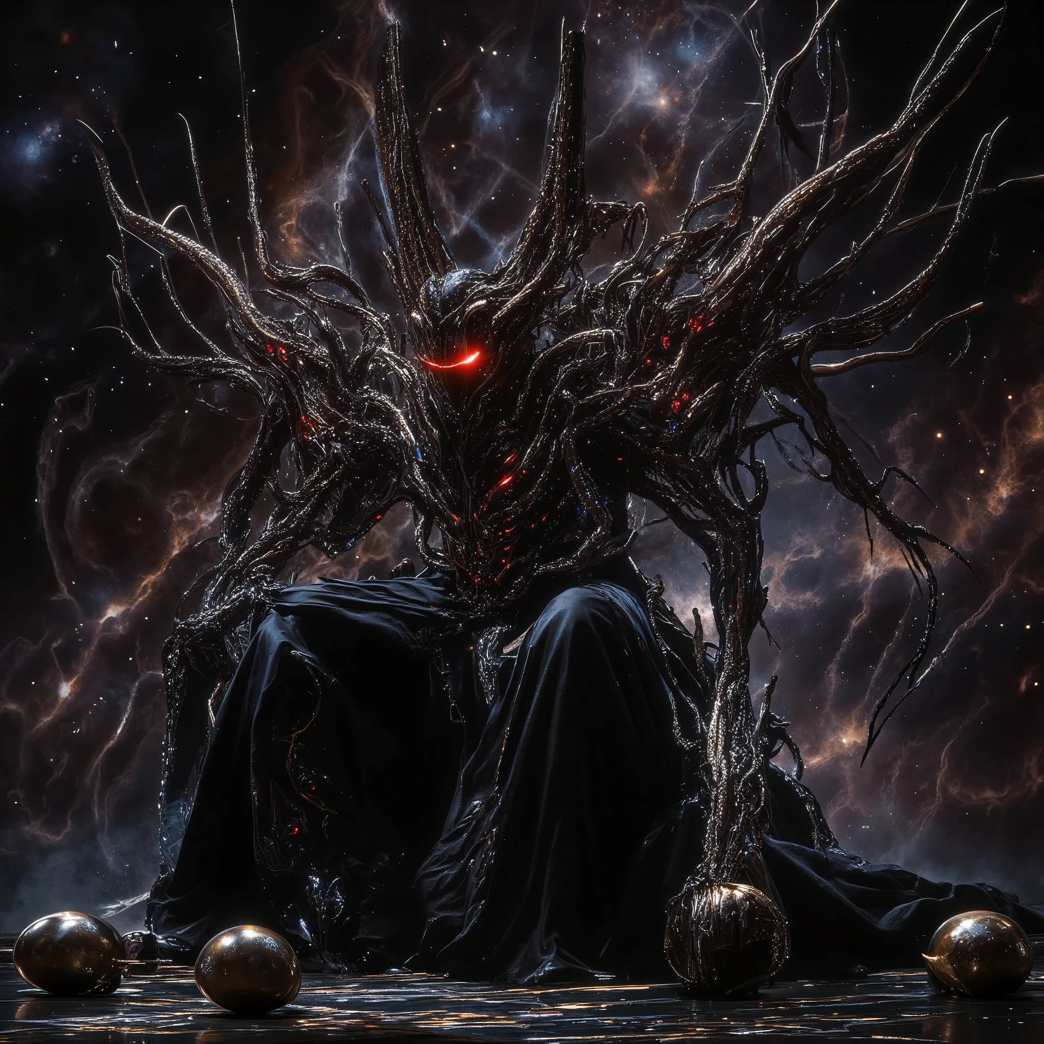 twin big head huge wasp expanding in beautiful galaxy . (Beautiful and intelligent insect queen in the center,crazy , glowing red eyes , noble dress , , attractive pose , sparkling body with exoskeleton , sits down and looks down the spectator from the luxurious black throne, super arrogant and pompous attitude , open-mouthed insect ).  surrounded by small skulls, beautiful galaxy .