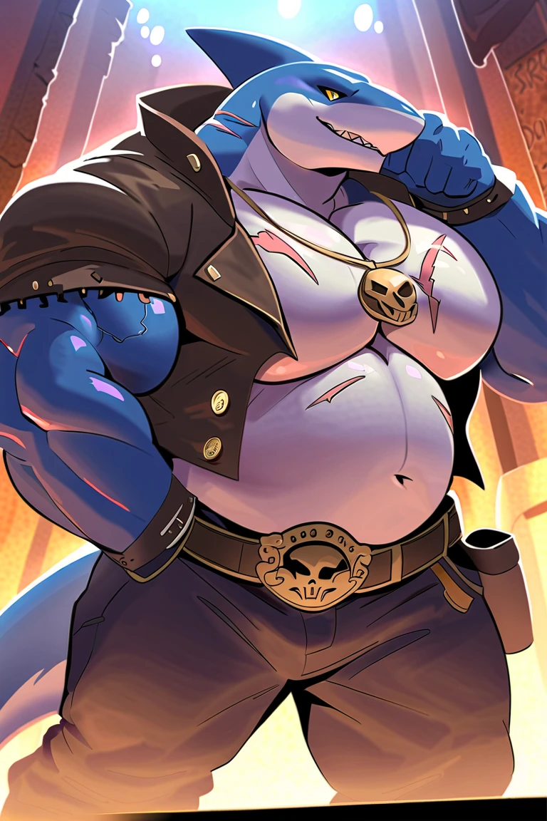 A black male dragon with green eyes, this chubby dragon with large pectorals, an unbuttoned purple vest, and underneath that shirt a long-sleeved blue and white striped clothing with a dog collar and small glasses. (nipple outline) (masterpiece) (Dragon) (Glue) (busty) (big ass) 