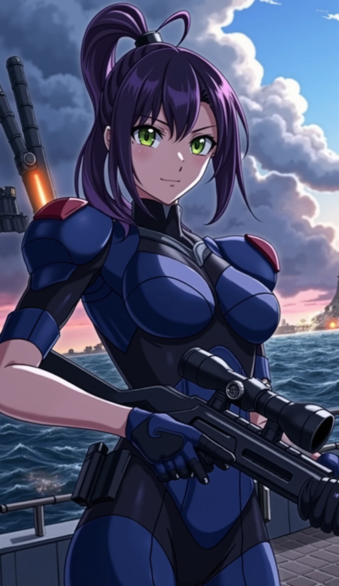 A highly detailed anime-style illustration of a fierce and determined female naval officer in a post-apocalyptic world. She is a 29-year-old woman with long, dark purple hair tied in a high ponytail, with a few loose strands framing her sharp green eyes. She wears a form-fitting dark blue tactical military uniform with reinforced armor plating on the shoulders and gloves, featuring a sleek, modern design. She stands confidently on the deck of a battleship, her expression serious and focused as she grips a custom sniper rifle with a high-tech scope, ready for action. The background shows a war-torn seascape with dark storm clouds and distant explosions, adding a dramatic intensity. The lighting is dynamic, with sunlight piercing through the clouds, highlighting her strong presence. The art style is highly detailed, with realistic textures, sharp anime linework, and a cinematic atmosphere.