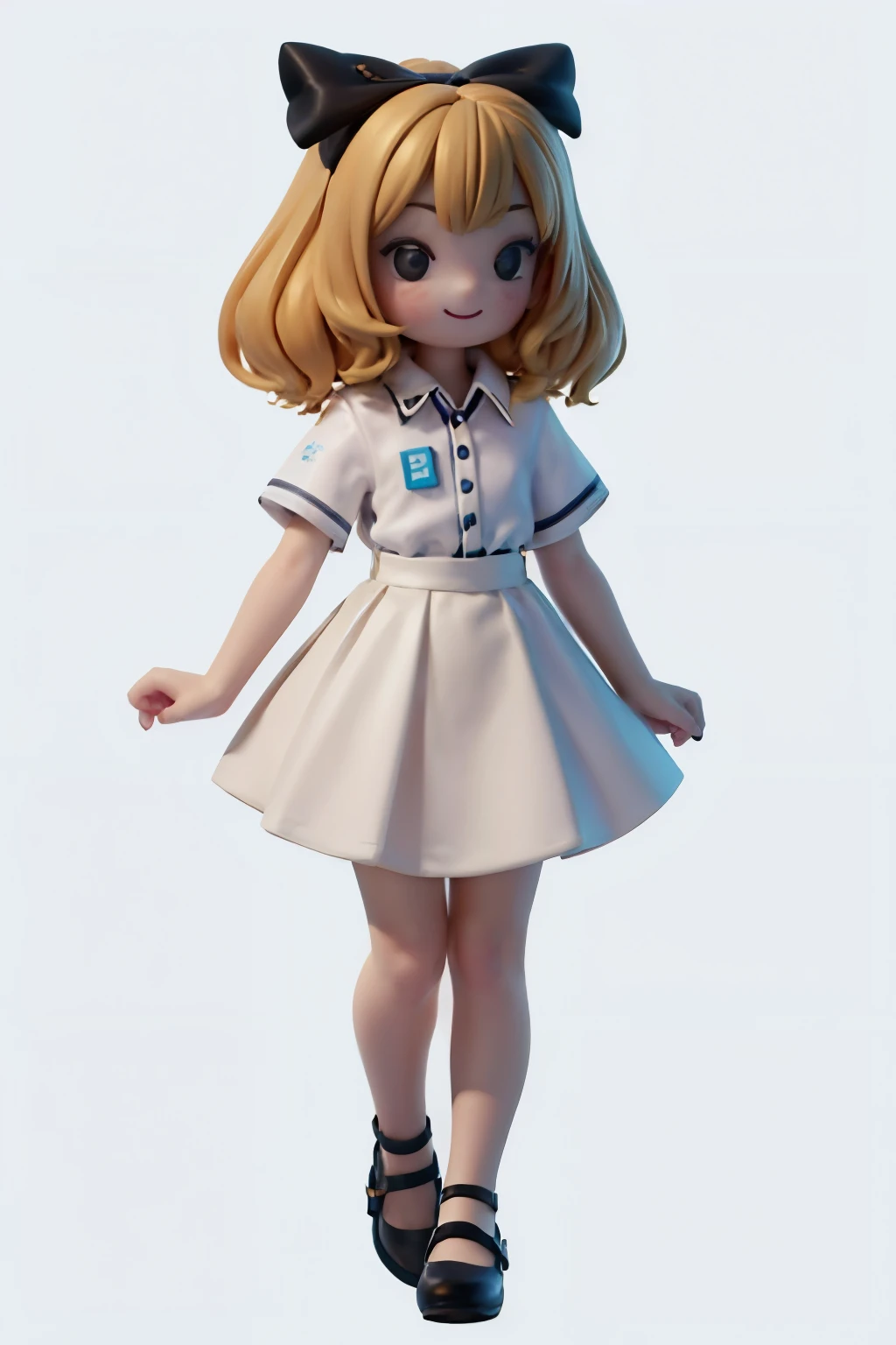 1girl smiling, hairbow, white skirt, white polo shirt, mary_janes, stand up, full body, no background