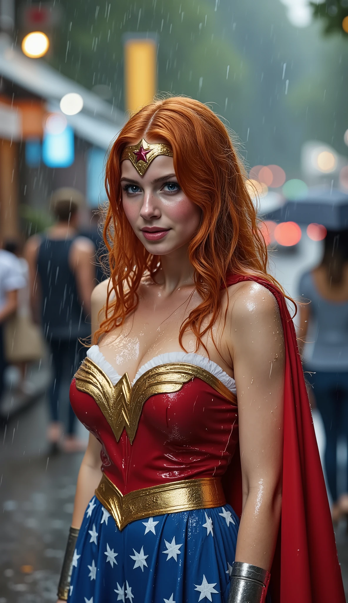 A BLUE EYED, A YOUNG CUTE, PETITE IRISH GINGER GIRL WEARING A 1960 PATRIOTIC WONDER WOMAN COSTUME, BLUE PATRIOTIC WONDER WOMAN SKIRT AND A RED WONDER WOMAN CAPE. SOAKING WET FROM THE RAIN OUTSIDE WALKING. SOAKED AND WET. 4K, 8K. HAIR, CLOTHES AND CAPE DRENCHED IN RAIN. 4K RAIN, 4K WATER BEADS, 4K HIGH RESOLUTION, SHARP CRYSTAL CLEAR IMAGE, PROUDLY WEARING THE 'WONDER WOMAN" EMBLEM.