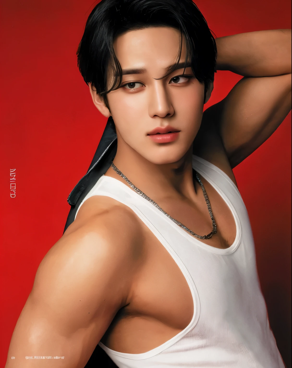 A boy with wet hair ( highly detailed skin) change the des8 of jacket ( normal body with six pack) change background