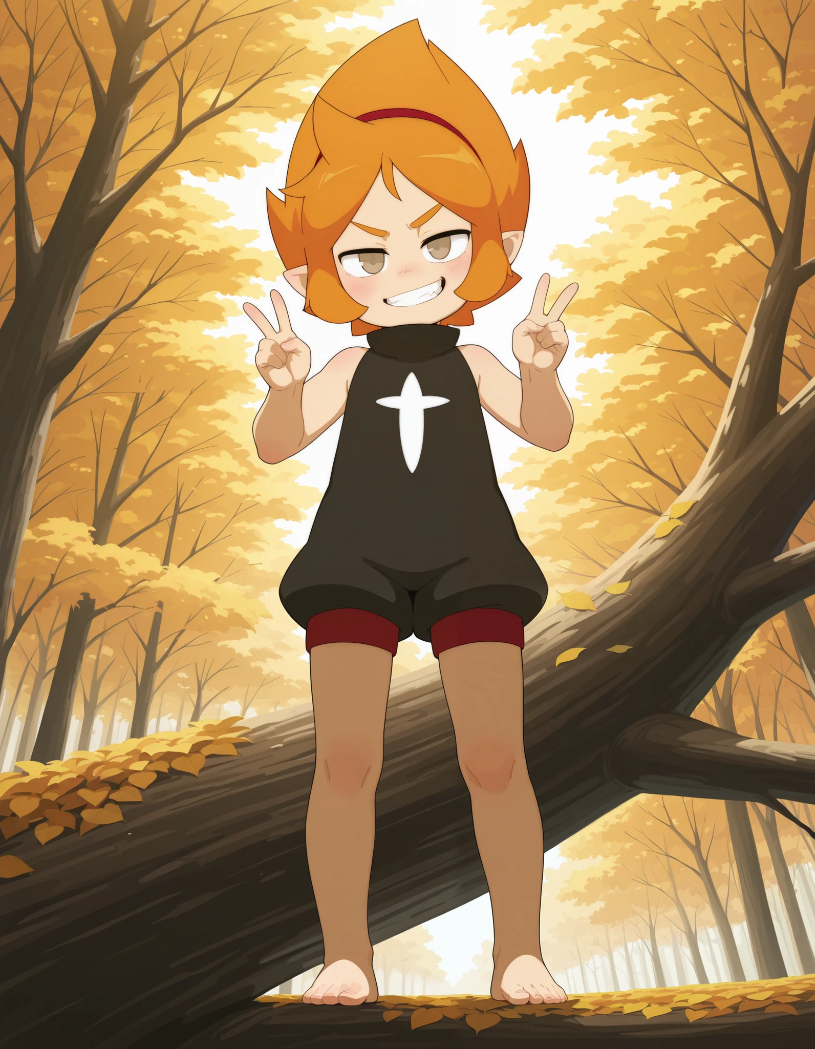 masterpiece,best quality,amazing quality, 1girl, solo, illuelely, pointy ears, orange hair, short hair, hairband, brown eyes, barefoot, turtleneck, sleeveless shirt, shorts, smirk, double v, standing, forest, in tree, branch, autumn, from below,