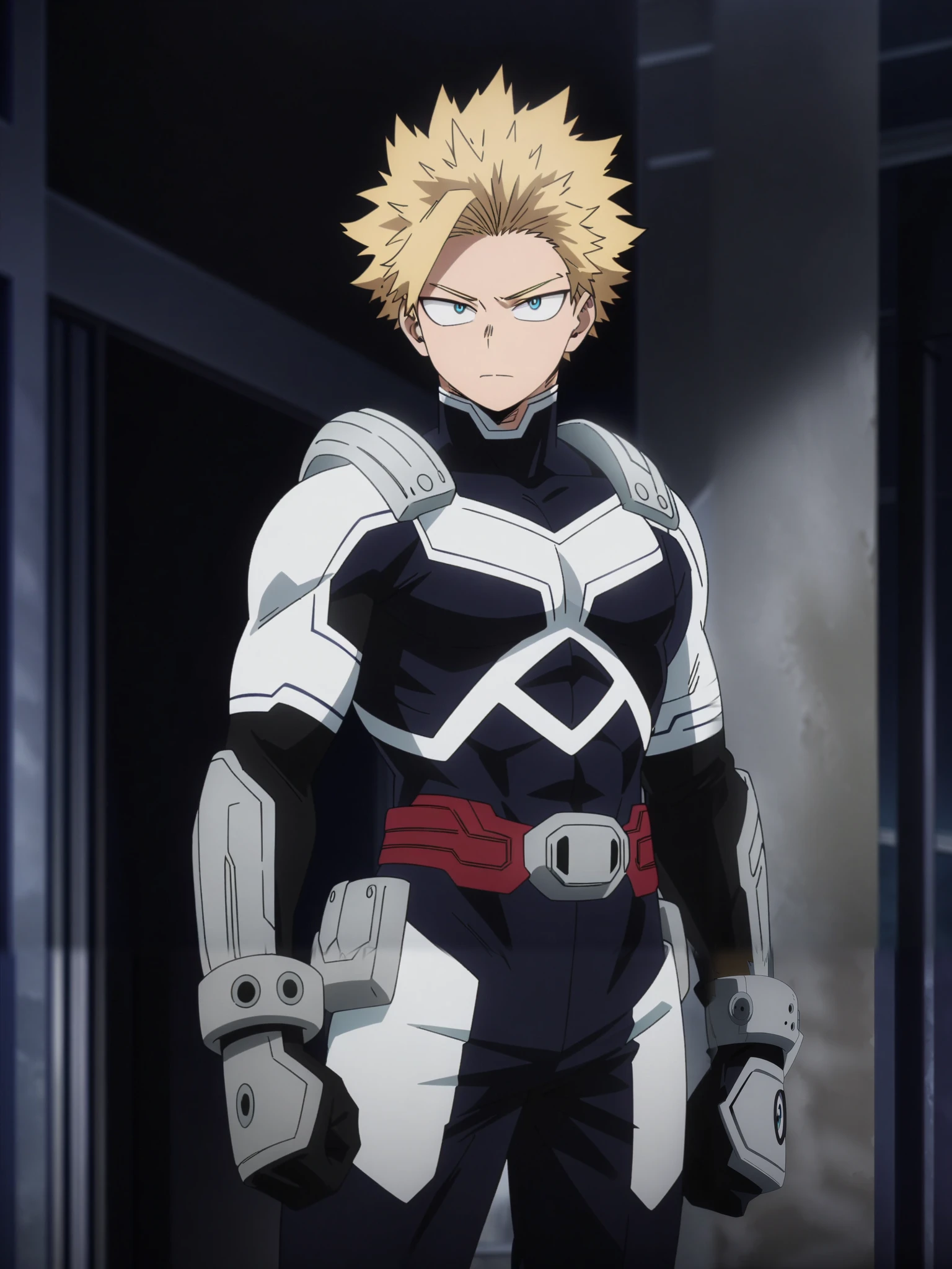 (masterpiece, best quality, anime, anime coloring:1.3, superhigh res). 29yo, 1man, male, A muscular man with a strong jawline, short blond hair, and blue eyes. Wears a sleek red, white, and blue armored bodysuit with star-shaped gauntlets that store excess energy.
My Hero Academia character, MHA style, anime style, my hero academia, boku no hero academia, animated. Anime, Best Quality, Masterpiece, High Resolution, 4K, perfect body, perfect eyes, perfect eyes, Full Quality, colorfull, Looking at viewer, Anime, Anime Style, High Resolution.