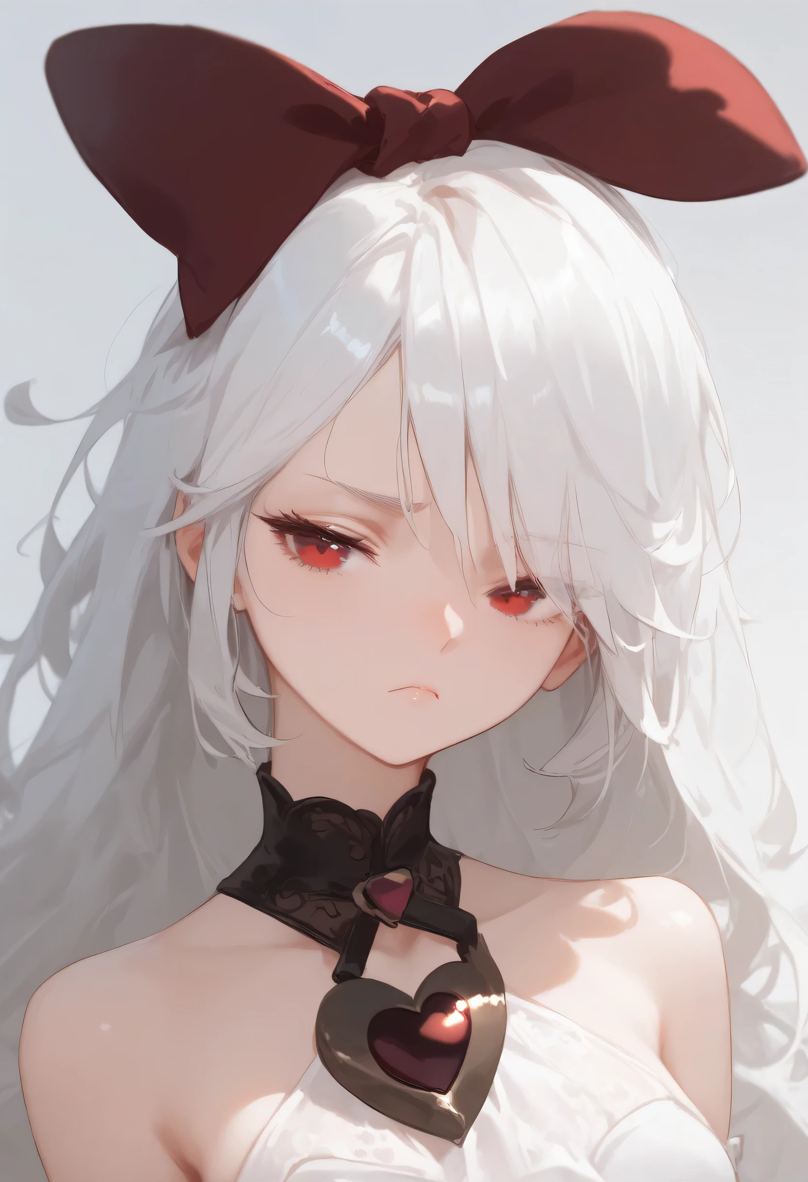 score_9, score_8_up, score_7_up, sinestrea, 1girl, white hair, bare shoulders, white dress, frown hair bow, long hair, heart brooch, medium breasts, hair bow, ribbon, red eyes,