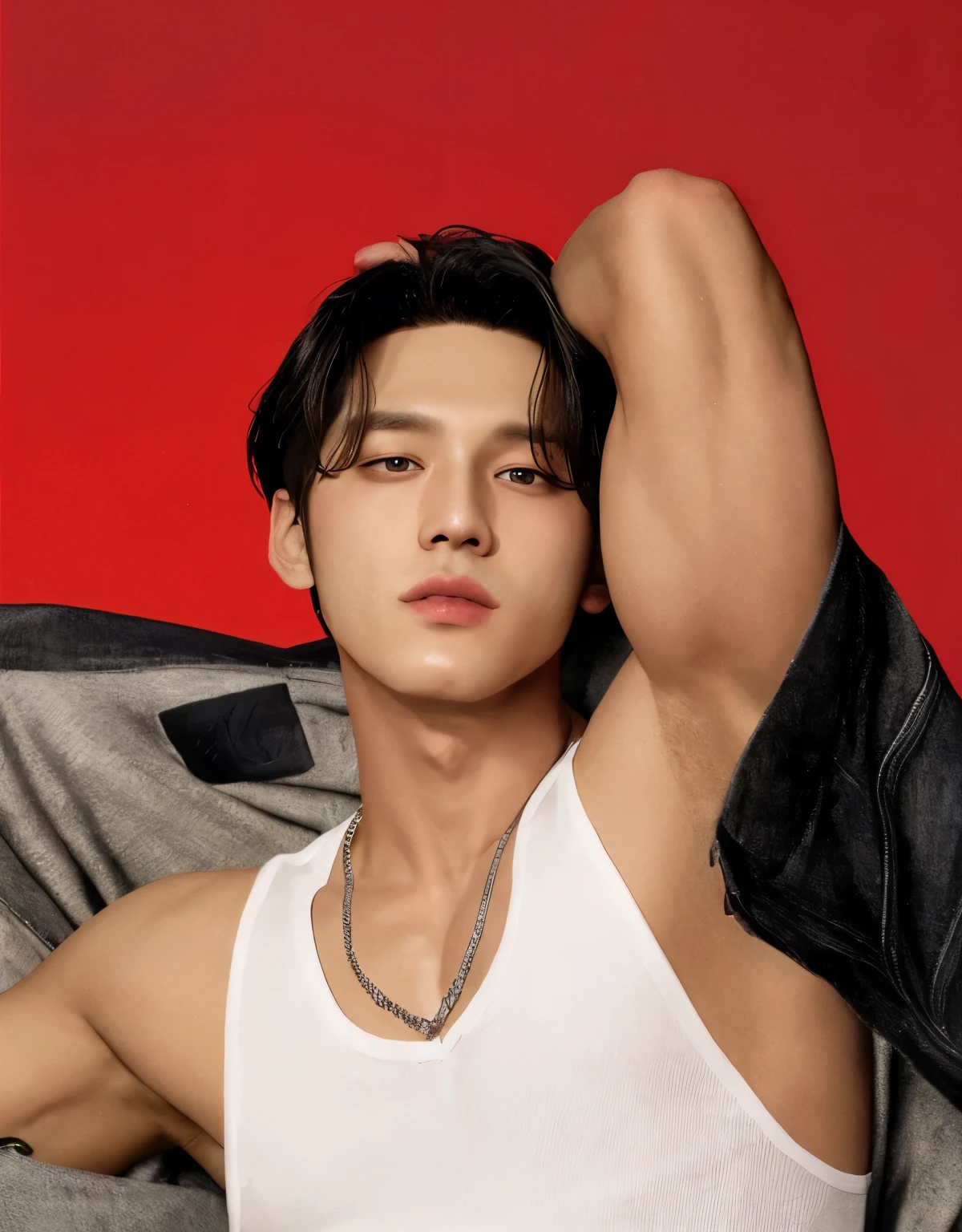 a close up of a man in a chain around his neck, handsome japanese demon boy, korean muscle boy 2 1 years old, muscular!!, ripped, lean and muscular, lean but muscular, south korean male, with abs, sexy muscular body, a muscular, japanese model, muscular!, muscular!!!, strong and muscular, shredded, strong and imposing, prefect body