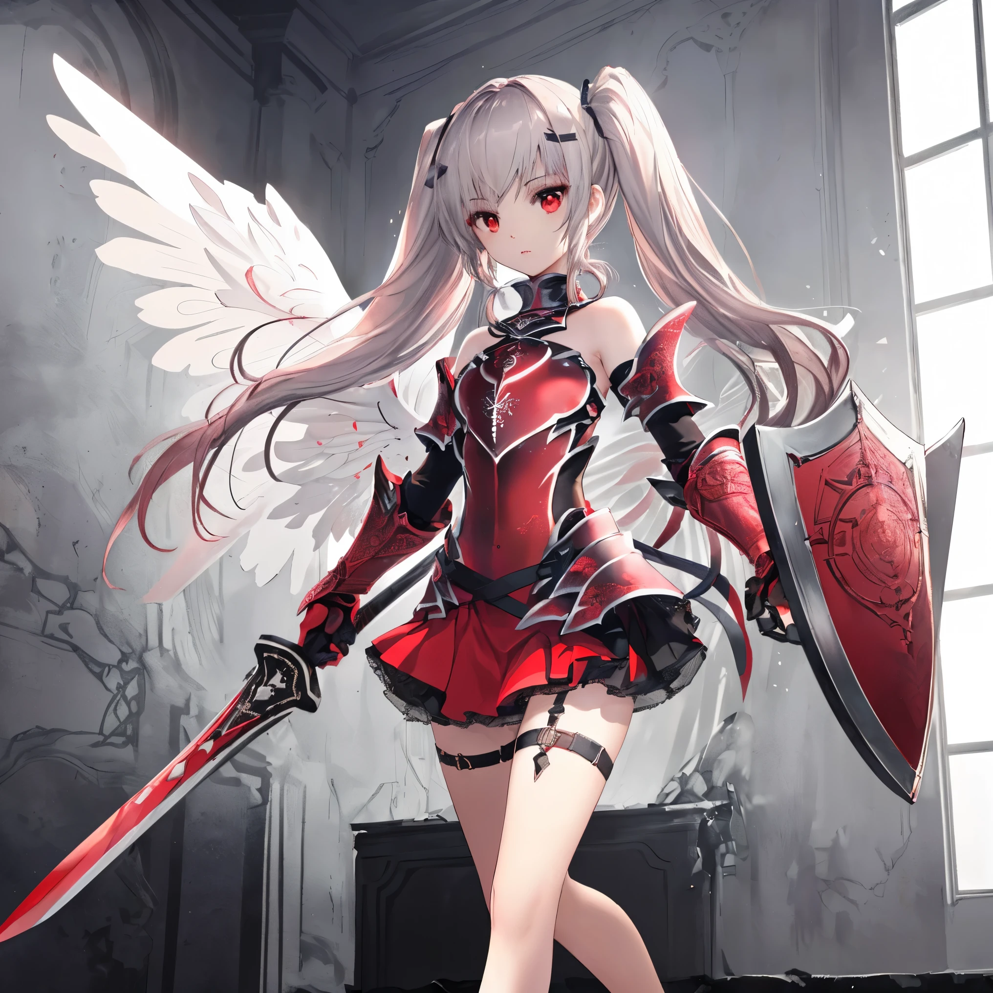 High-quality, masterpiece, ((delicate hair, intricate eyes, high resolution, exceptional detail, photo-realistic, a single girl, full-body depiction, beautiful girl, long pink hair, twin-tails, red eyes, angel wings, realistic, face)), ((small chest, crimson armor dress, removed silver-haired white woman, sword and shield, red gauntlets, bare shoulders, detailed red armor, jewels, bustier, red skirt, mini-skirt, intricate details, short straps, deep focus, high definition, very detailed, student, sharp concentration, cinematic lighting, daikon, long loose hair, upper body)), ruins, strong shadows, ash, ink wash painting, ink splattering, color splattering. inviting atmosphere, realistic textures, (proper hand anatomy:1.4), (proper body anatomy:1.4), (proper legs anatomy:1.4)