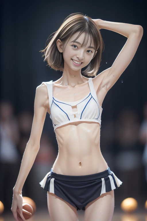 (best quality:1.2), masterpiece, (15-year-old, ultra cute kawaii:1.3), solo, smile, standing, looking at viewer, cowboy shot, (nup, cheerleader:1.2), ((focus on her armpits)), (((Sweaty armpits))), Armpit depression, ((((Dimpled Armpits)))), ((((Deeply wrinkled armpits))))