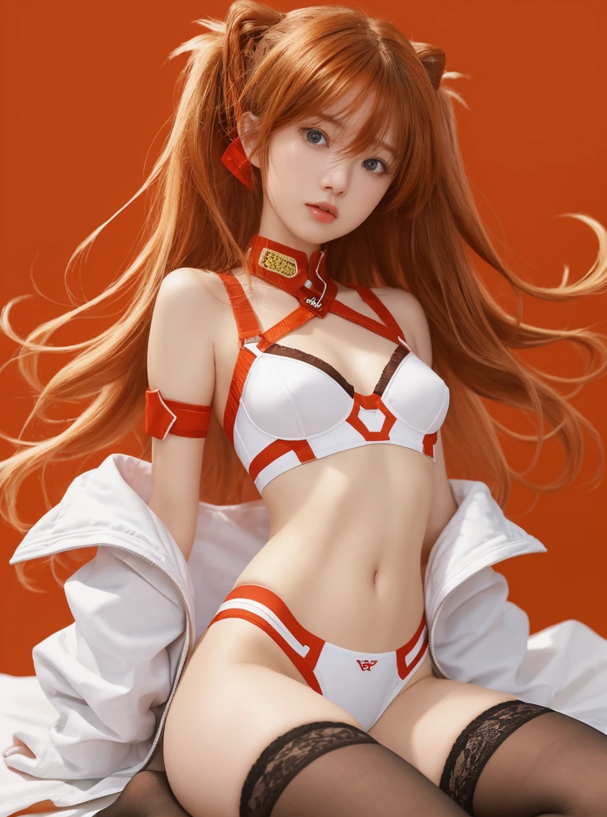 (highest quality, masterpiece, colorful, Dynamic Angle, highest detailed)(Asuka Langley), Full body photo, Fashion photo of cute red long hair girl (Asuka Langley), ((underwear、Sexy pose)),dressing high detailed Evangelion red suit (High resolution textures), Dynamic pose, Bokeh, (複雑なdetailed, hyperdetailed:1.15), detailed, Sunlight passing through the hair, colorful art background, (Official Art, extreme detailed, highest detailed),