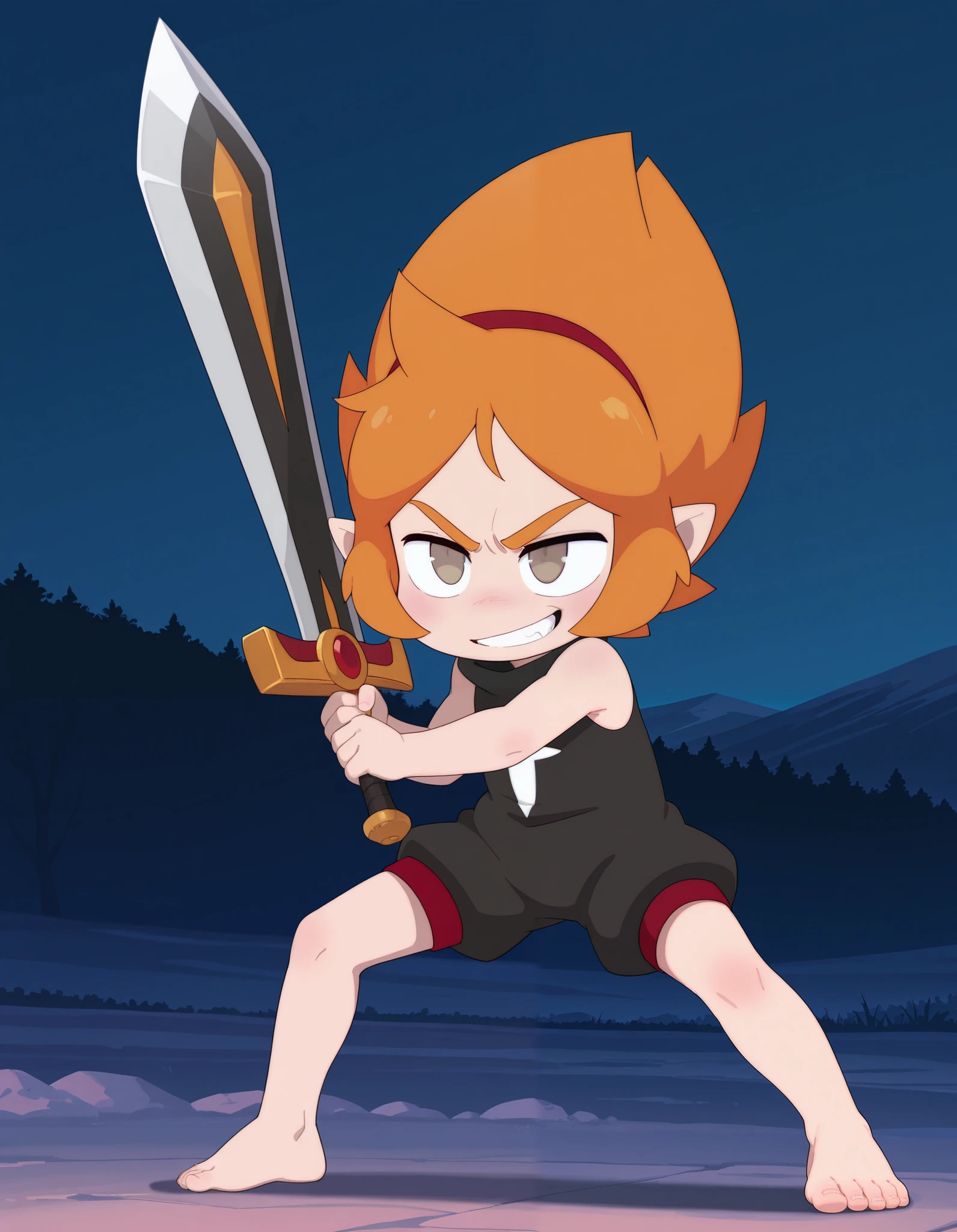 masterpiece,best quality,amazing quality, 1girl, solo, illuelely, pointy ears, orange hair, short hair, hairband, brown eyes, barefoot, turtleneck, sleeveless shirt, shorts, smirk, night, fighting stance, holding sword, greatsword, two-handed,