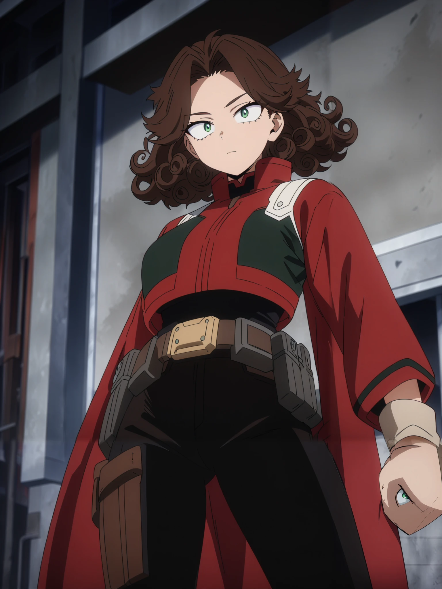 (masterpiece, best quality, anime, anime coloring:1.3, superhigh res). ((29yo, 1woman, female, A tall, athletic woman with dark brown curly hair and green eyes. Wears a western-style hero suit, complete with a red duster jacket, cowboy boots, and a high-tech utility belt.))
My Hero Academia character, MHA style, anime style, my hero academia, boku no hero academia, animated. Anime, Best Quality, Masterpiece, High Resolution, 4K, perfect body, perfect eyes, perfect eyes, Full Quality, colorfull, Looking at viewer, Anime, Anime Style, High Resolution.