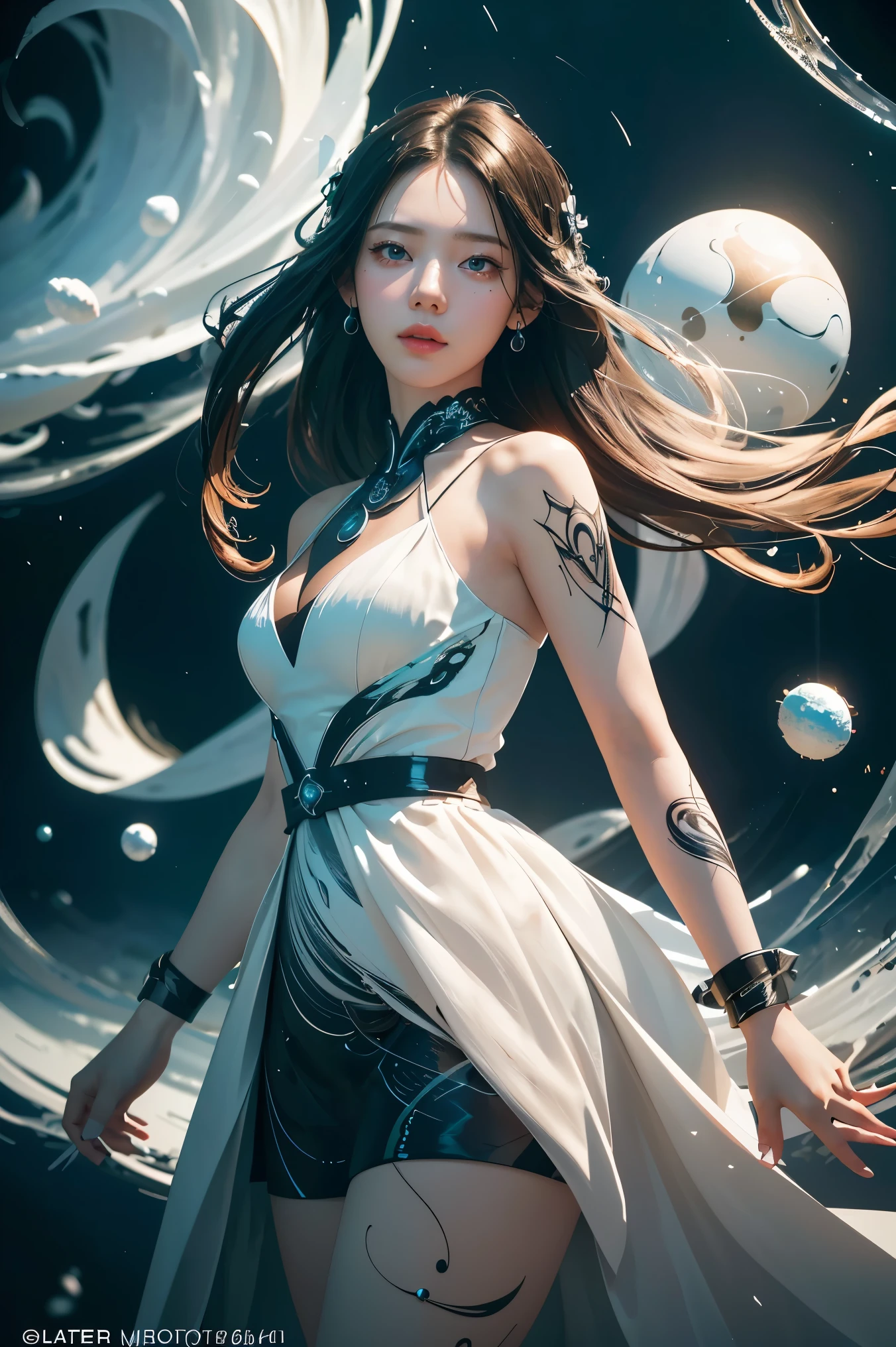 ((masterpiece, best quality)), ultra detailed 8k, photorealistic, sharp focus, highly detailed, professional lighting , shadowmancer, photo of a woman, ink particle, ((swirling black ink floating around)), futuristic fantasy, futuristic white dress, dynamic pose, realistic, masterpiece, intricate details, detailed background, depth of field,