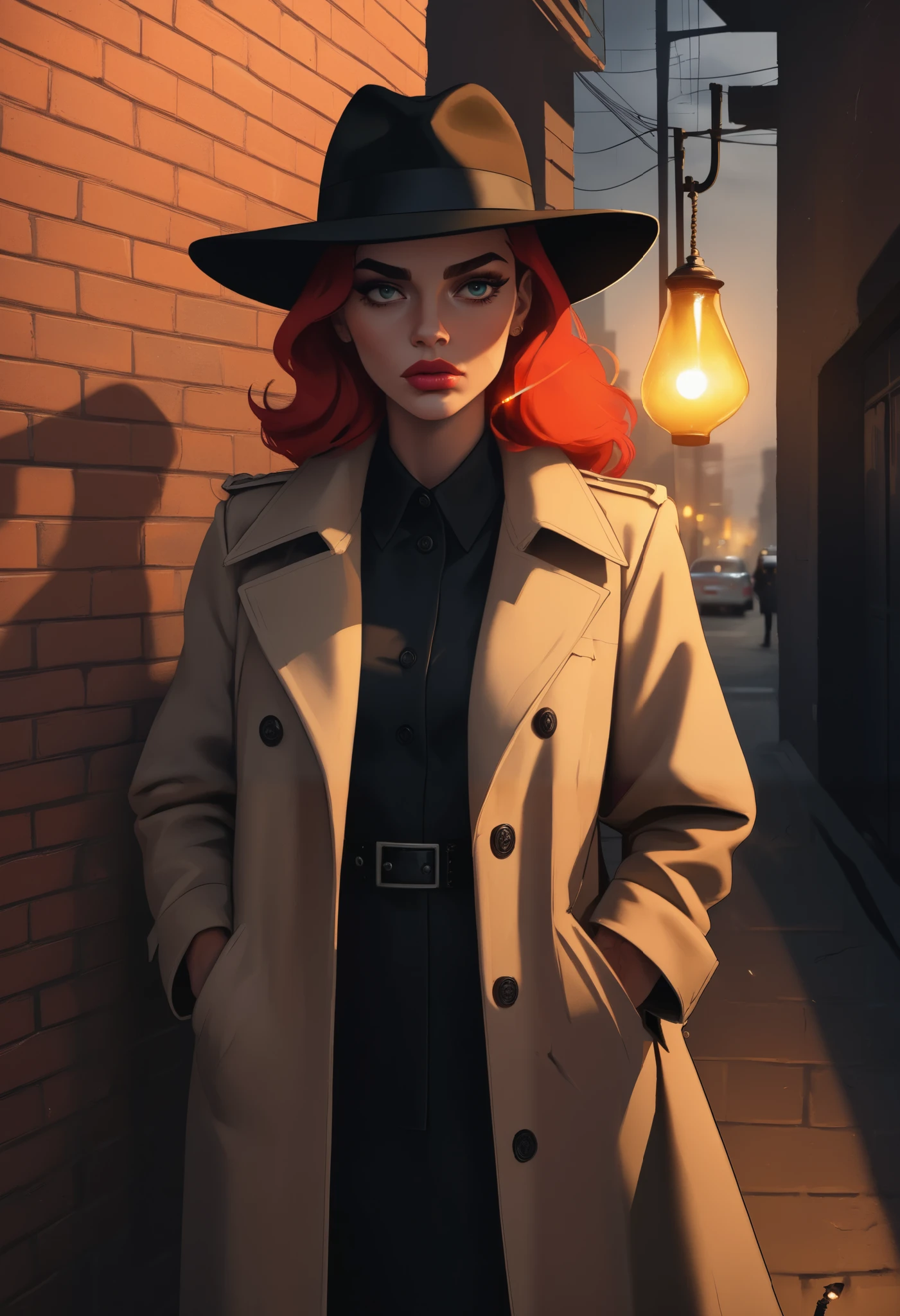 There is a woman with red hair wearing a hat and trench coat - SeaArt AI
