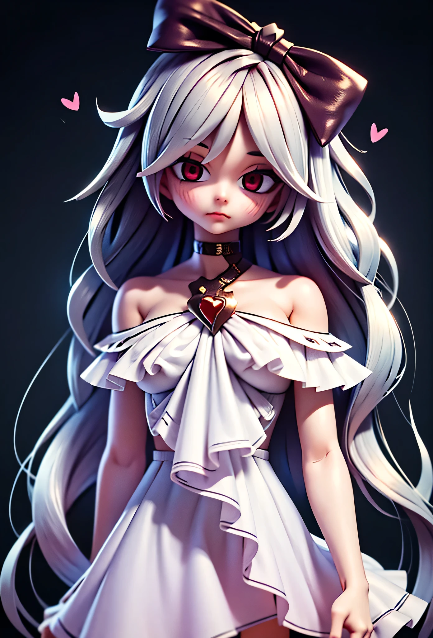 score_9, score_8_up, score_7_up, sinestrea, 1girl, white hair, bare shoulders, white dress, frown hair bow, long hair, heart brooch, medium breasts, hair bow, ribbon, red eyes,