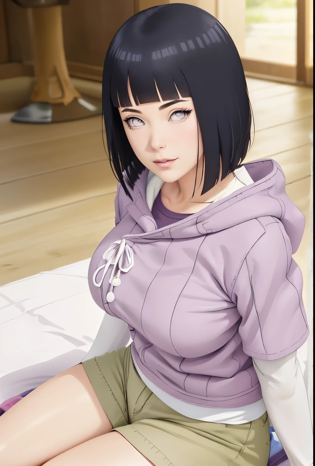 master part, absurdities, Hinata\(boruto\), 1 , alone, mature woman , purple coat, layered sleeves , short brown jeans sexy, outdoor, cloudy sky, perfect composition, circumstantial lips, neckline and large breasts, pretty face, body ratio , Blush, ( pink lips ), short black hair ( black hair), lilac eyes, soft appearance, super realistic, circumstantial, photo shoot, realistic face and body, Realistic hair, realistic eyes, realistic nose, realistic lips , brown jeans, animated, Dancing lightly . on your back, with chin under shoulder, looking back sensually, sexy smile, closed mouth. different pose.
