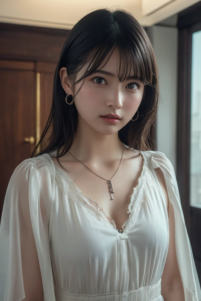 medium hair, shiny hair, floating hair, bangs, hairband, hair flower, whistle around neck, mole under eye, heart-shaped pupils, dilated pupils, earrings, heart earrings, blush, shy, parted lips, licking lips, full blush, heavy breathing, Verism, Hyperrealism, Surrealism, depth of field, f/1.2, 135mm, Canon, foreshortening, UHD, retina, masterpiece, ccurate, anatomically correct, textured skin, super detail, high details, high quality, award winning, best quality, highres, 1080P, HD, 4K, 8k, 16k, blouse, miniskirt,