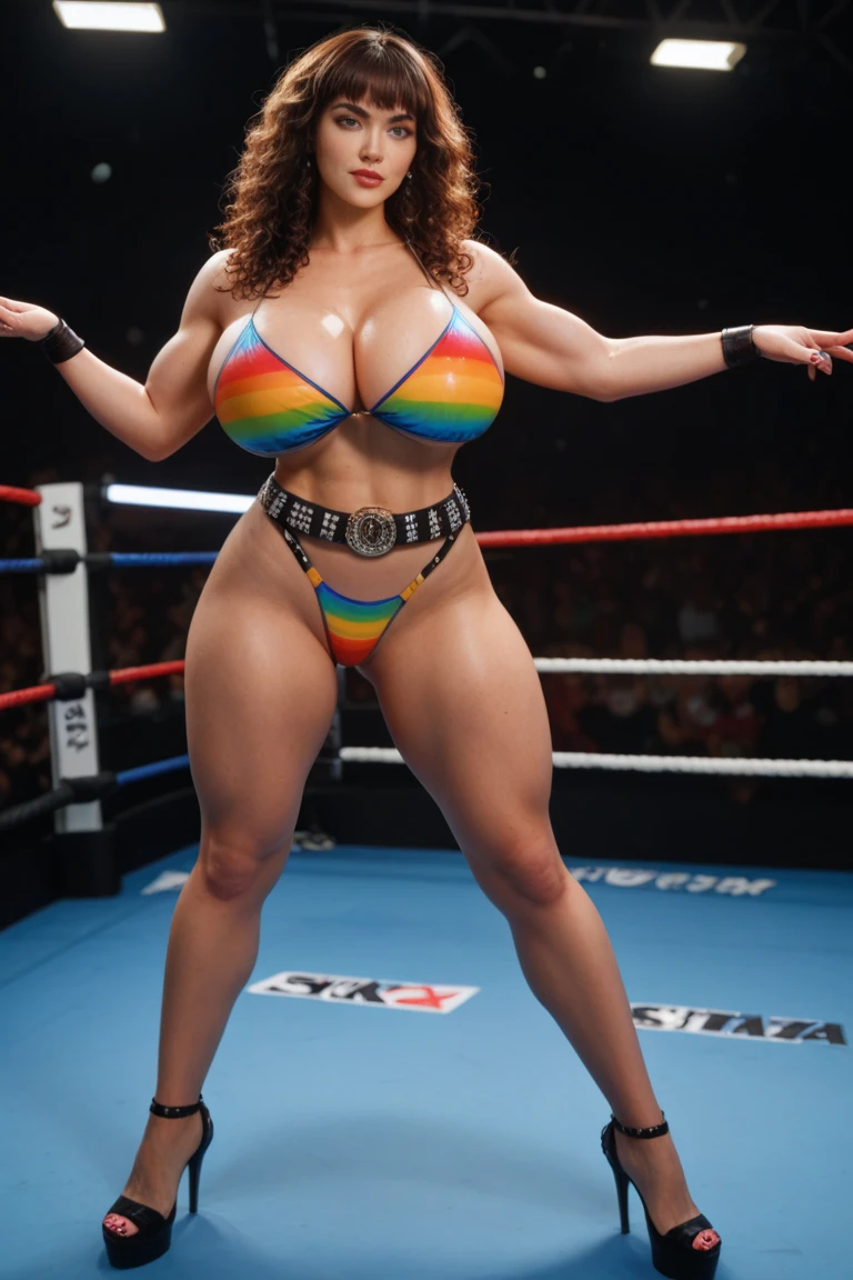 (((ultra-detailed))), ((full body wide shot)), ((ultra very beatiful girl)), ((14years old incredibly beautiful face)), Round eyes, open mouth, ponytail brown very very short hair, ((perfect anatomy body)), (toned body and abs), beautiful big breasts, Stroking shoulder, beautiful legs, beautiful female constriction, ((crowd on fight ring)), all fours, silver leather very very small thong bikini, silver leathe boot, (((masterpiece))), (((photo quality))), (((realistic)))