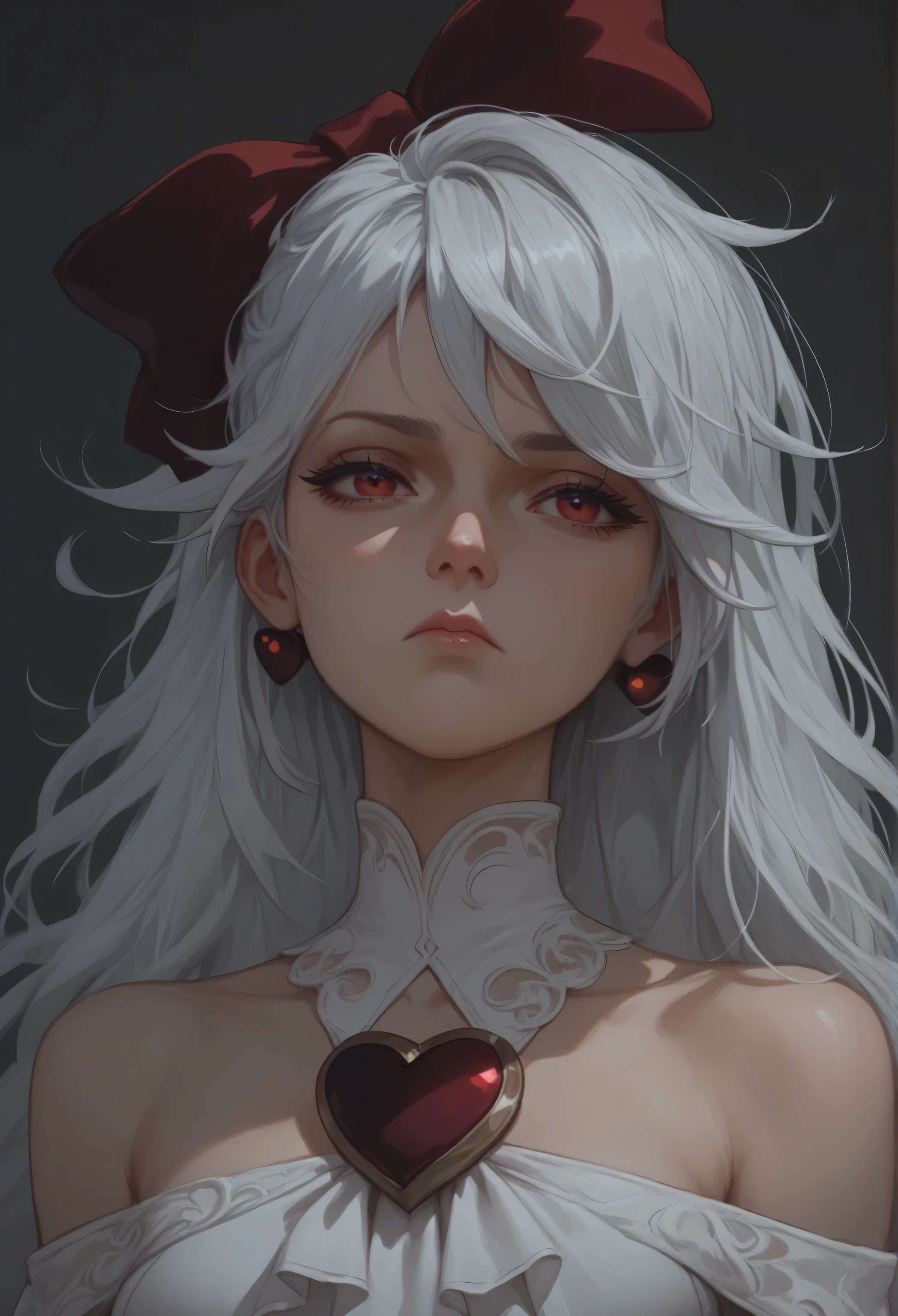 score_9, score_8_up, score_7_up, sinestrea, 1girl, white hair, bare shoulders, white dress, frown hair bow, long hair, heart brooch, medium breasts, hair bow, ribbon, red eyes,