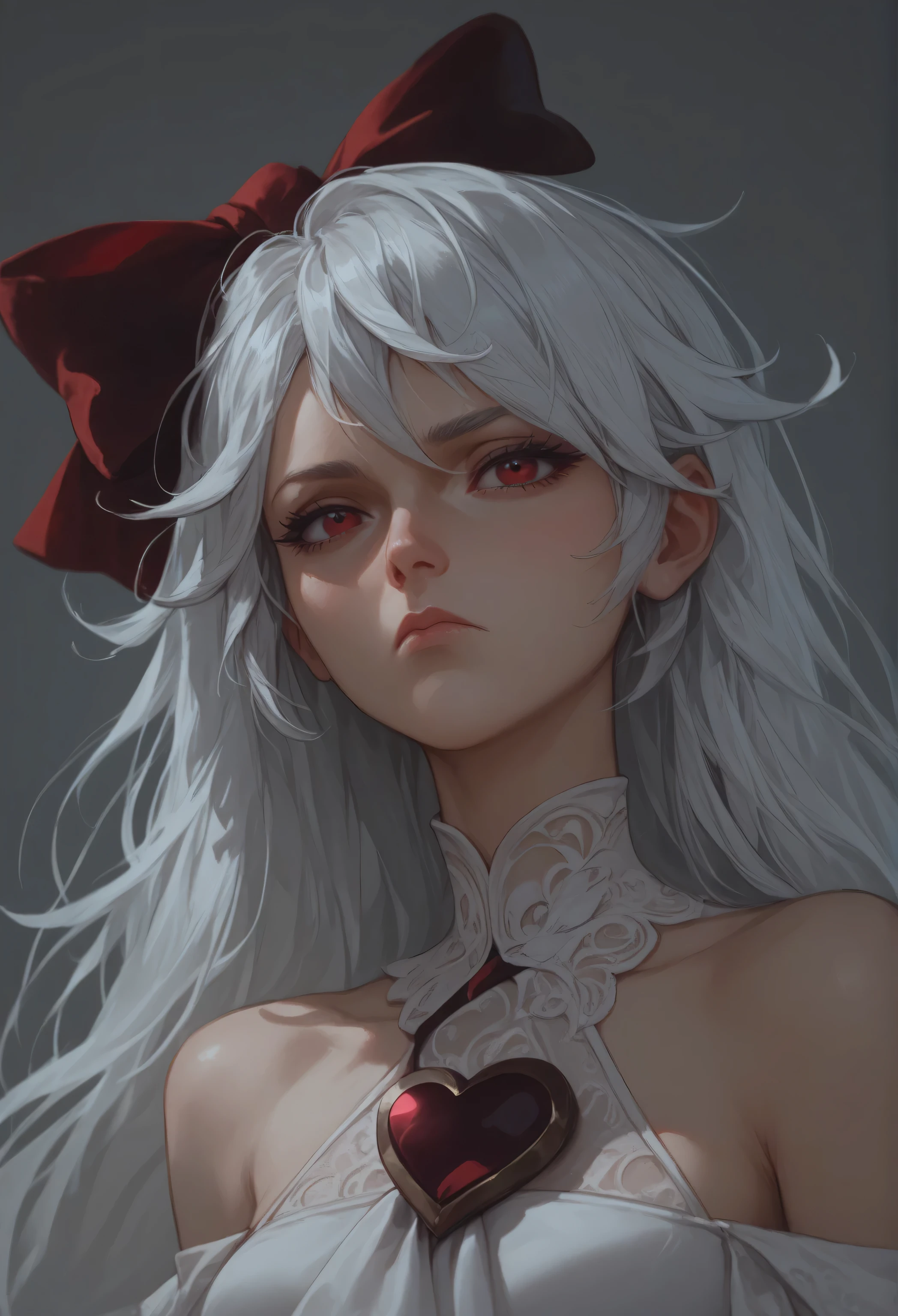 score_9, score_8_up, score_7_up, sinestrea, 1girl, white hair, bare shoulders, white dress, frown hair bow, long hair, heart brooch, medium breasts, hair bow, ribbon, red eyes,
