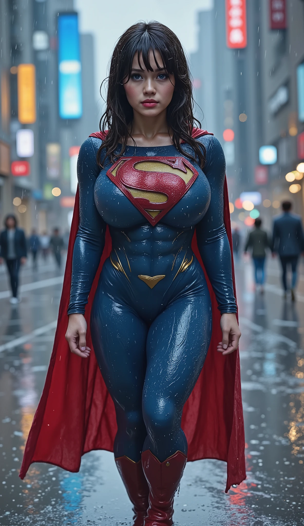 FULL VIEW OF A BLUE EYED, YOUNG CUTE, PETITE KOREAN GIRL WEARING A BLUE SUPERMAN SUIT AND RED CAPE. SOAKING WET FROM THE RAIN OUTSIDE WALKING.4K, 8K 4K RAIN, 4K WATER BEADS, 4K HIGH RESOLUTION, SHARP CRYSTAL CLEAR IMAGE, PROUDLY WEARING THE 'S" ON HER SUPERMAN SUIT.