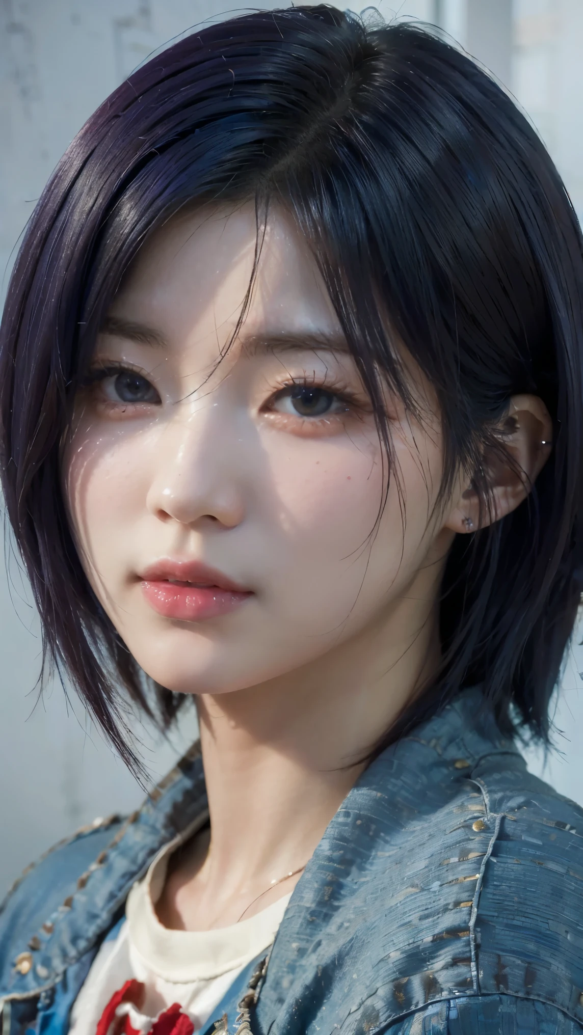 (masterpiece,detailed,highres:1.4) , model shot, close up, detailed face, fine detailed eyes,, (kirishima touka),blue middle hair,ghoul  eye,retro jacket,Tokyo Ghoul,retrofuturism background, vibrant colours, hdr,, ,